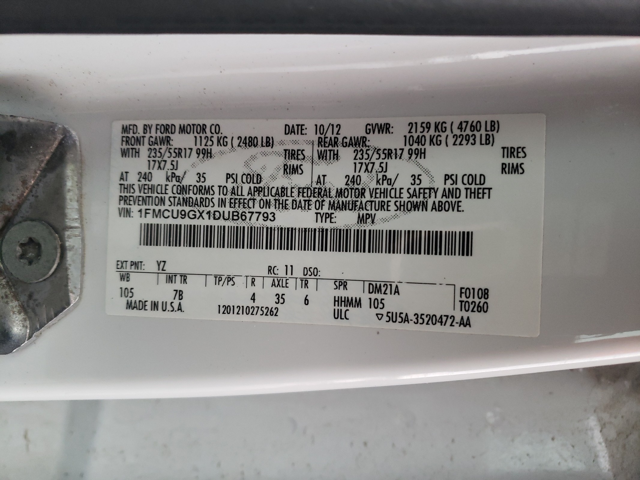 1FMCU9GX1DUB67793 2013 Ford Escape Se