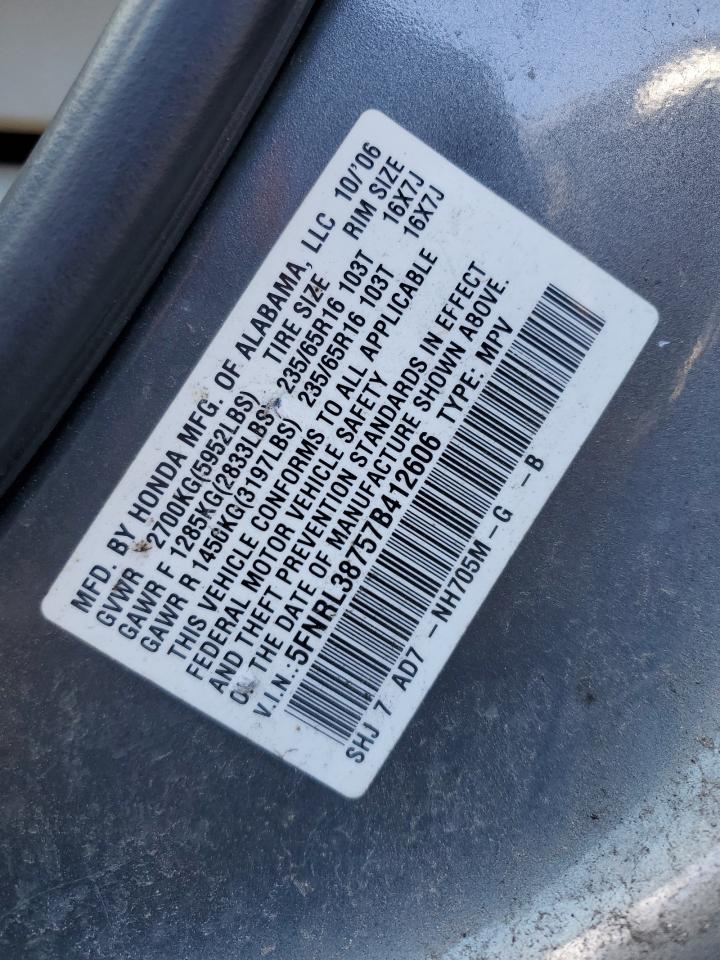 2007 Honda Odyssey Exl VIN: 5FNRL38757B412606 Lot: 42878204