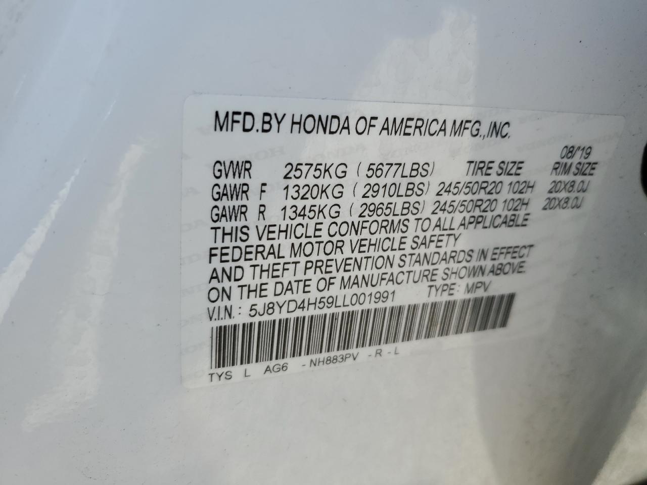 5J8YD4H59LL001991 2020 Acura Mdx Technology