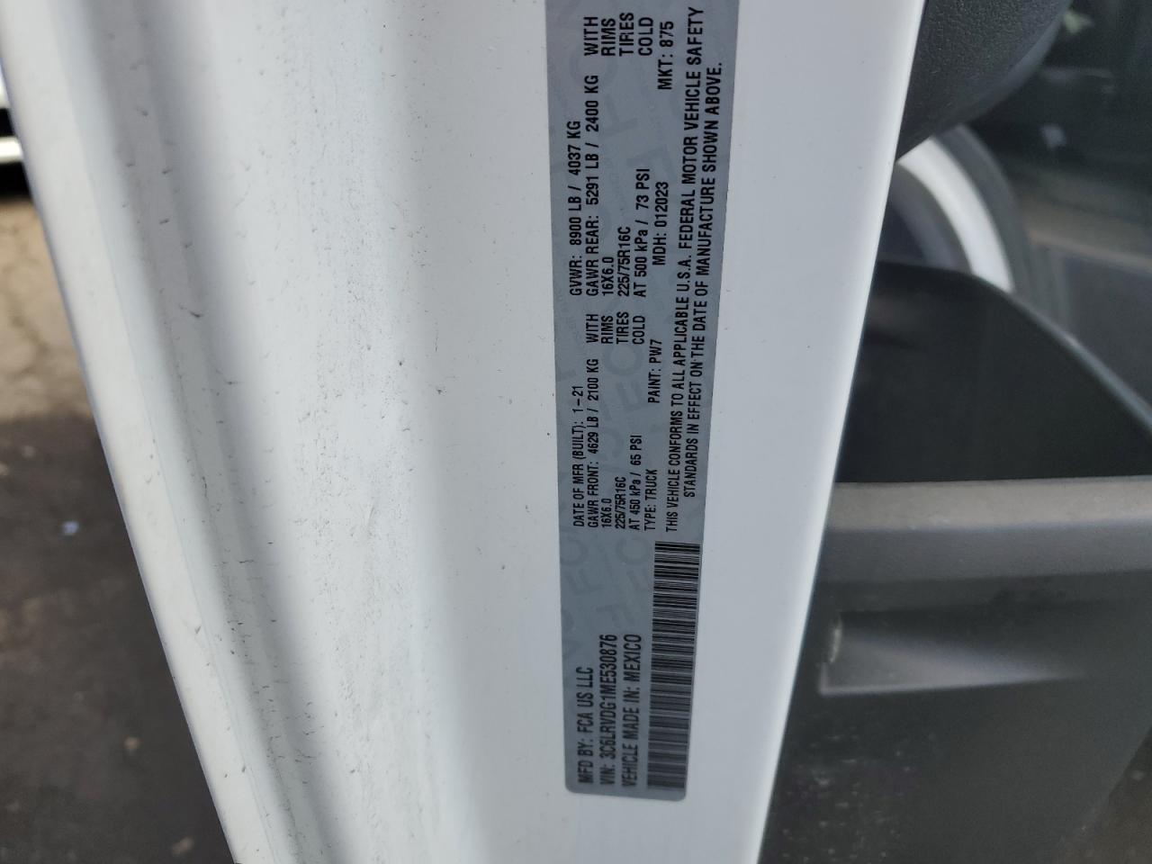 2021 Ram Promaster 2500 2500 High VIN: 3C6LRVDG1ME530876 Lot: 78213514