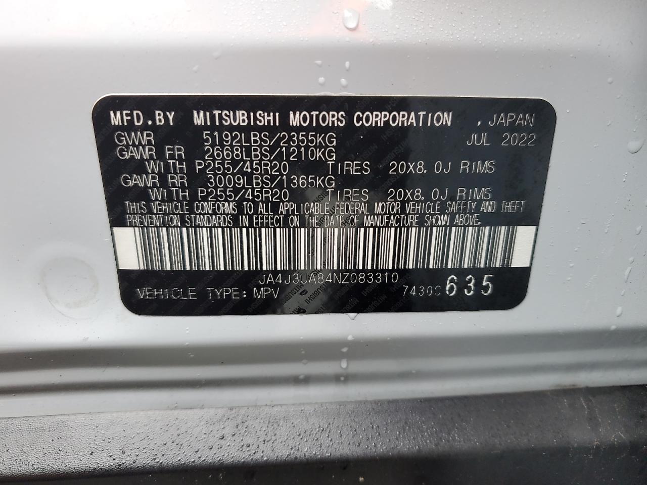 2022 Mitsubishi Outlander Se VIN: JA4J3UA84NZ083310 Lot: 40791734