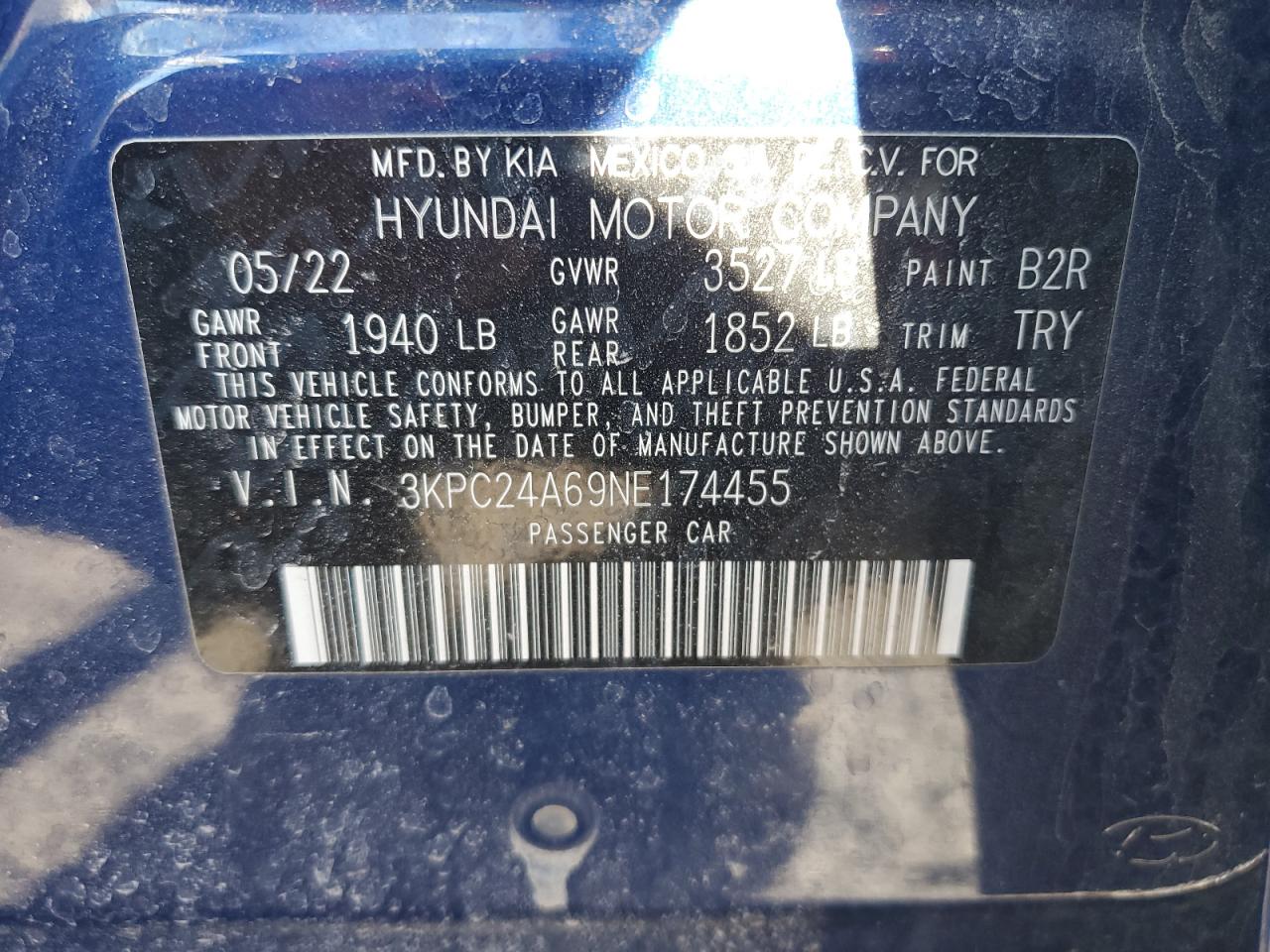 3KPC24A69NE174455 2022 Hyundai Accent Se