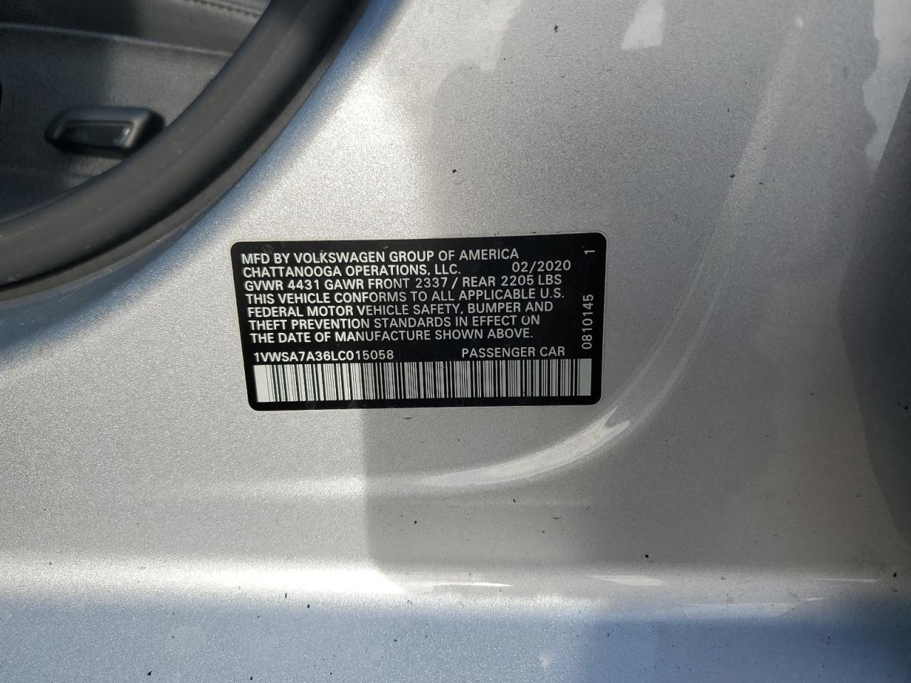 2020 Volkswagen Passat Se VIN: 1VWSA7A36LC015058 Lot: 43873204