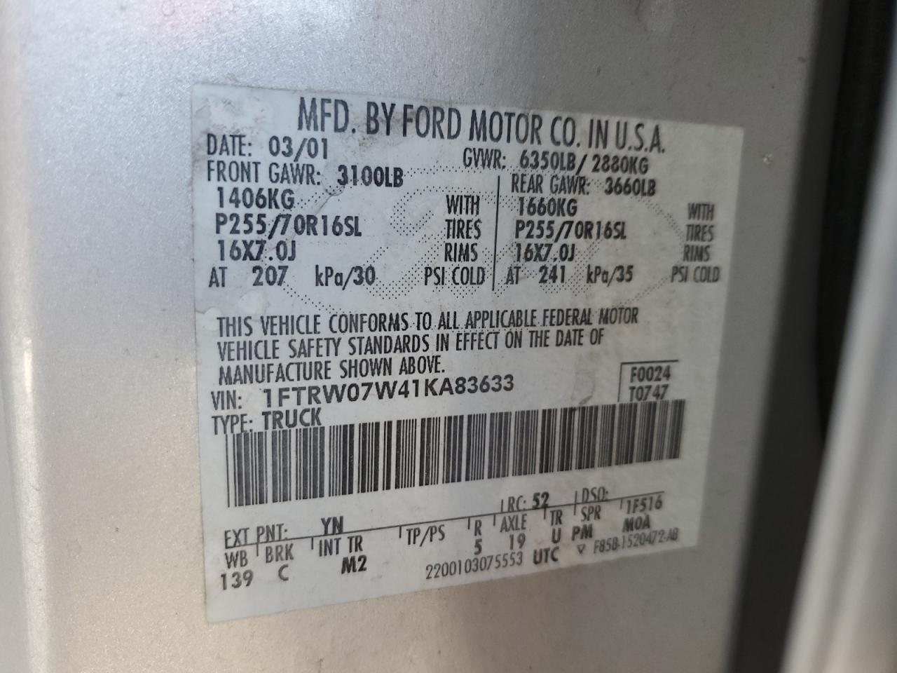 2001 Ford F150 Supercrew VIN: 1FTRW07W41KA83633 Lot: 44091654