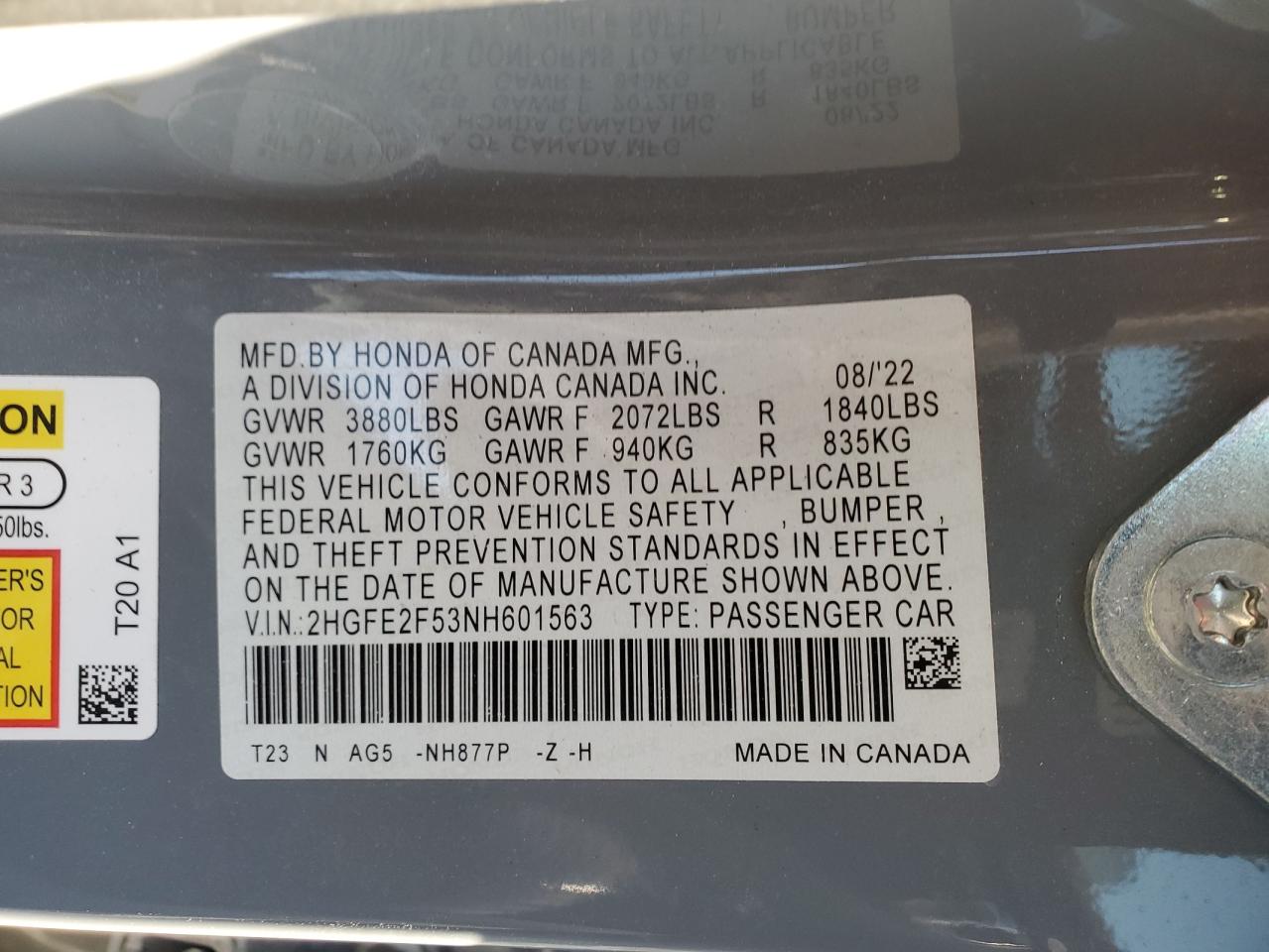 2HGFE2F53NH601563 2022 HONDA CIVIC - Image 12