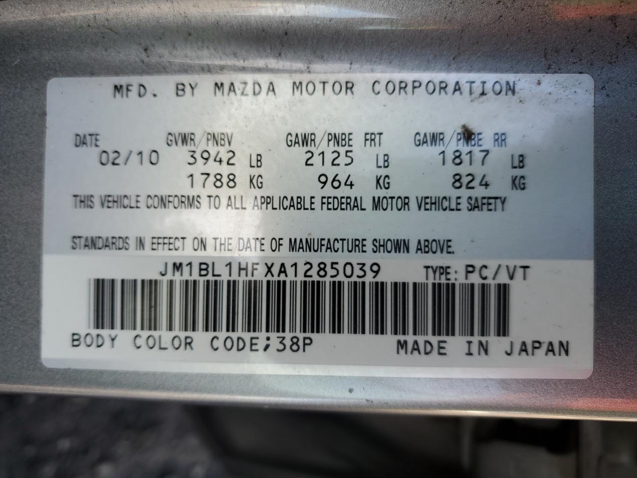 2010 Mazda 3 I VIN: JM1BL1HFXA1285039 Lot: 41668404