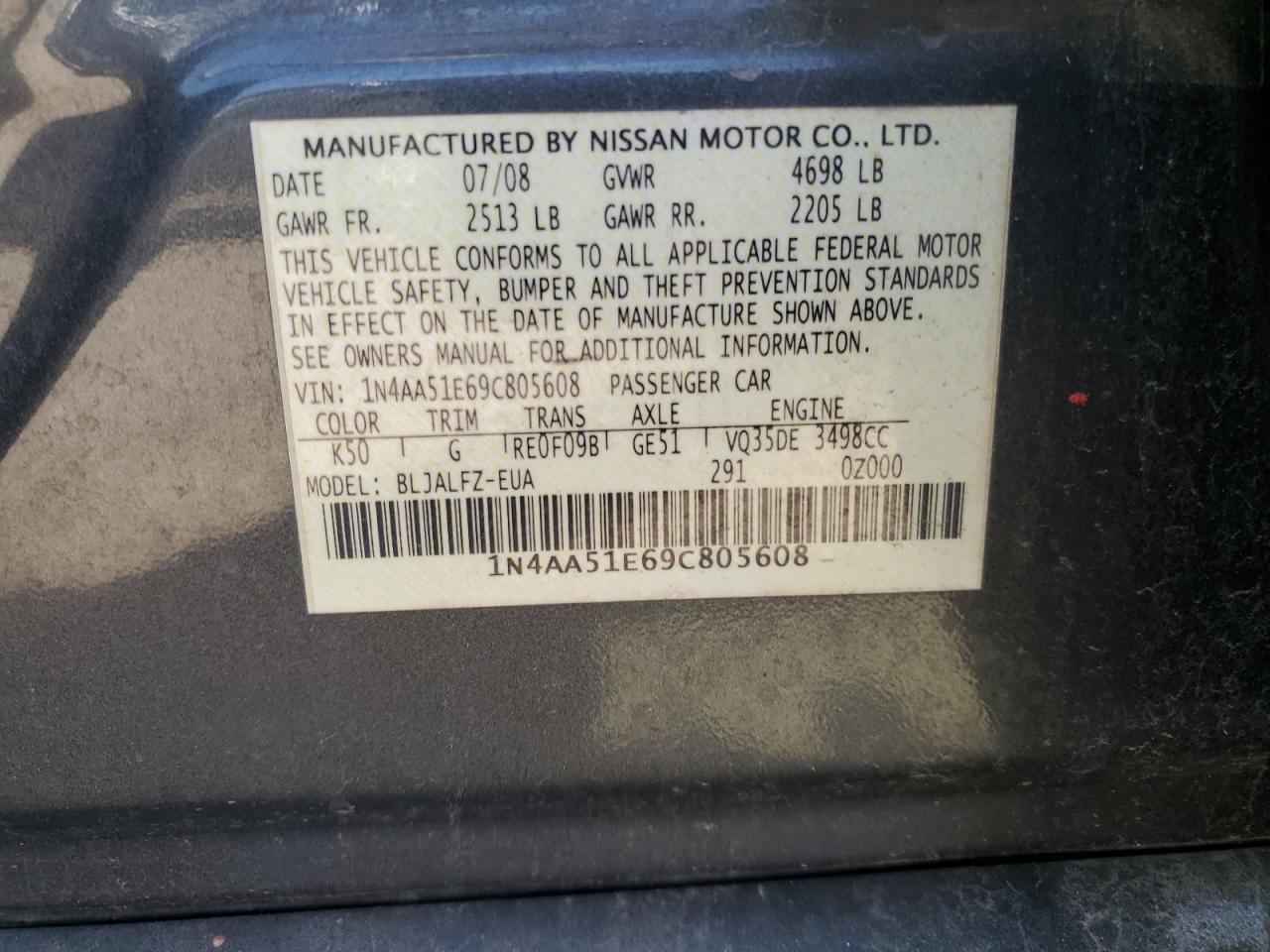 2009 Nissan Maxima S VIN: 1N4AA51E69C805608 Lot: 44560424
