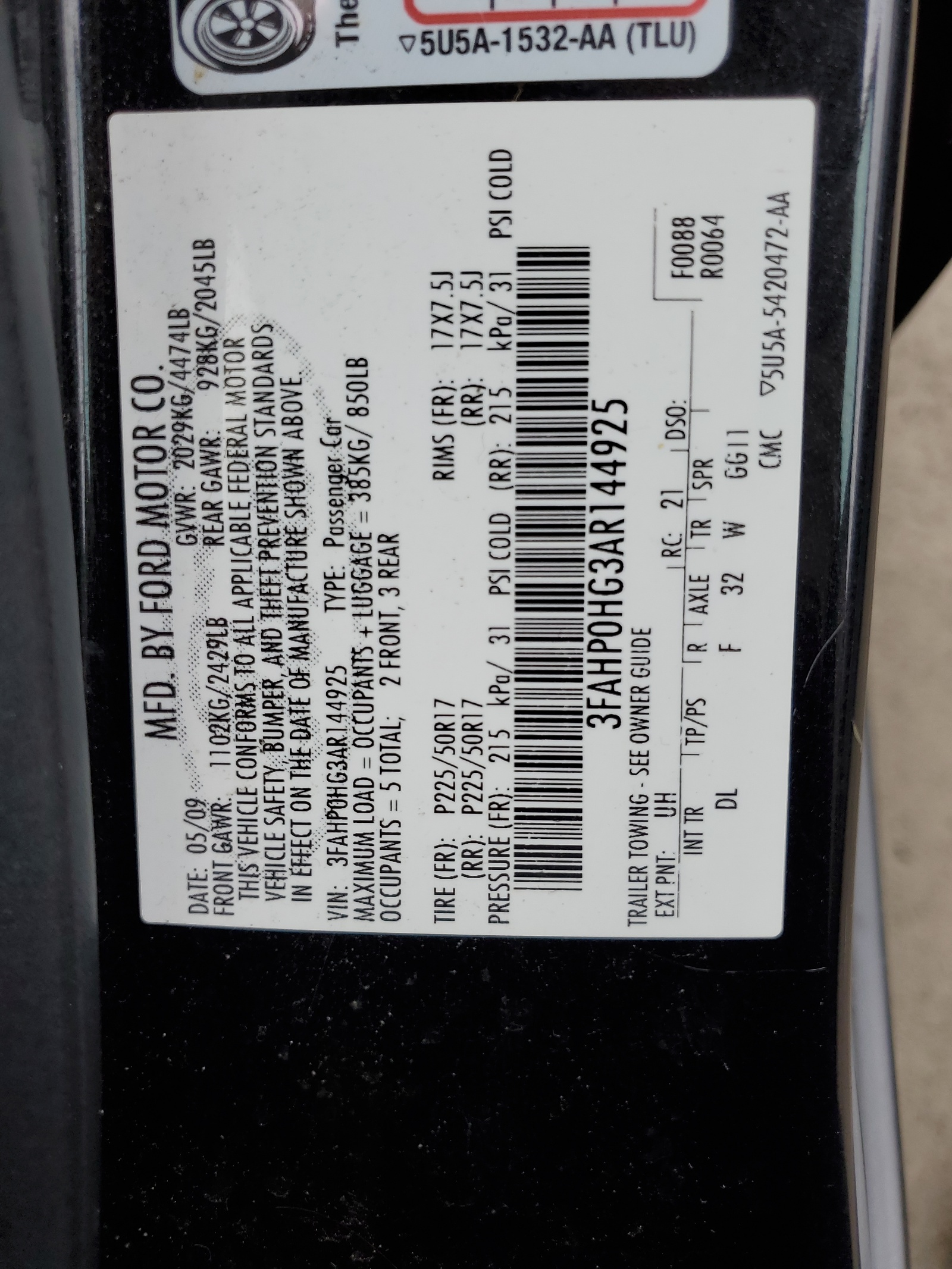 3FAHP0HG3AR144925 2010 Ford Fusion Se