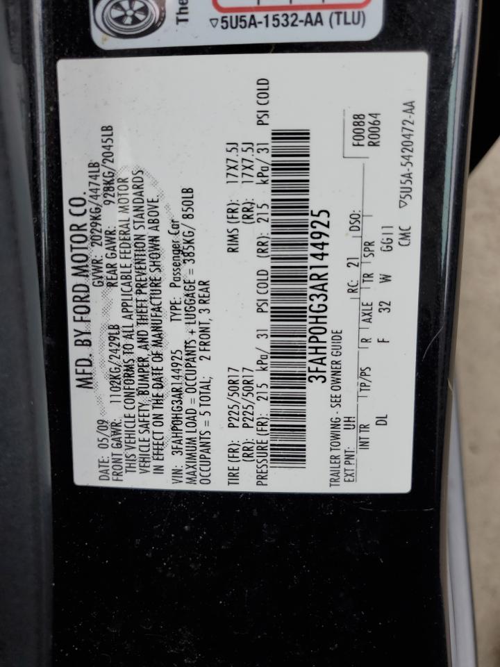 2010 Ford Fusion Se VIN: 3FAHP0HG3AR144925 Lot: 43923164