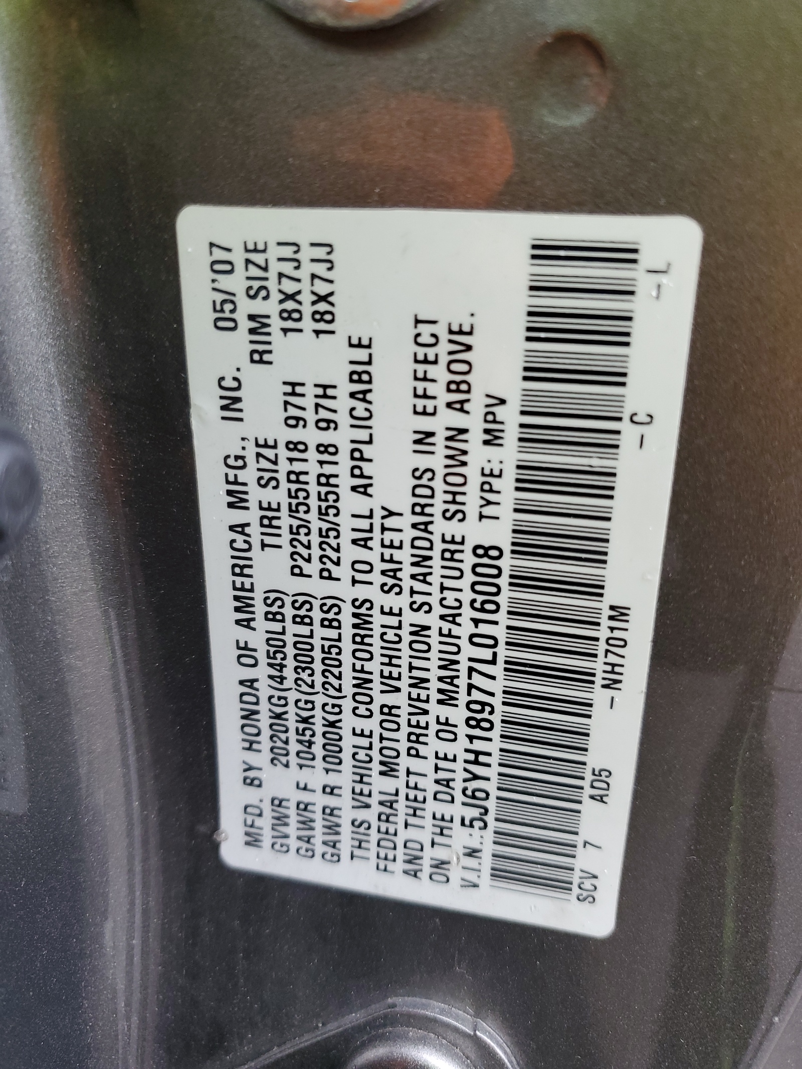 5J6YH18977L016008 2007 Honda Element Sc