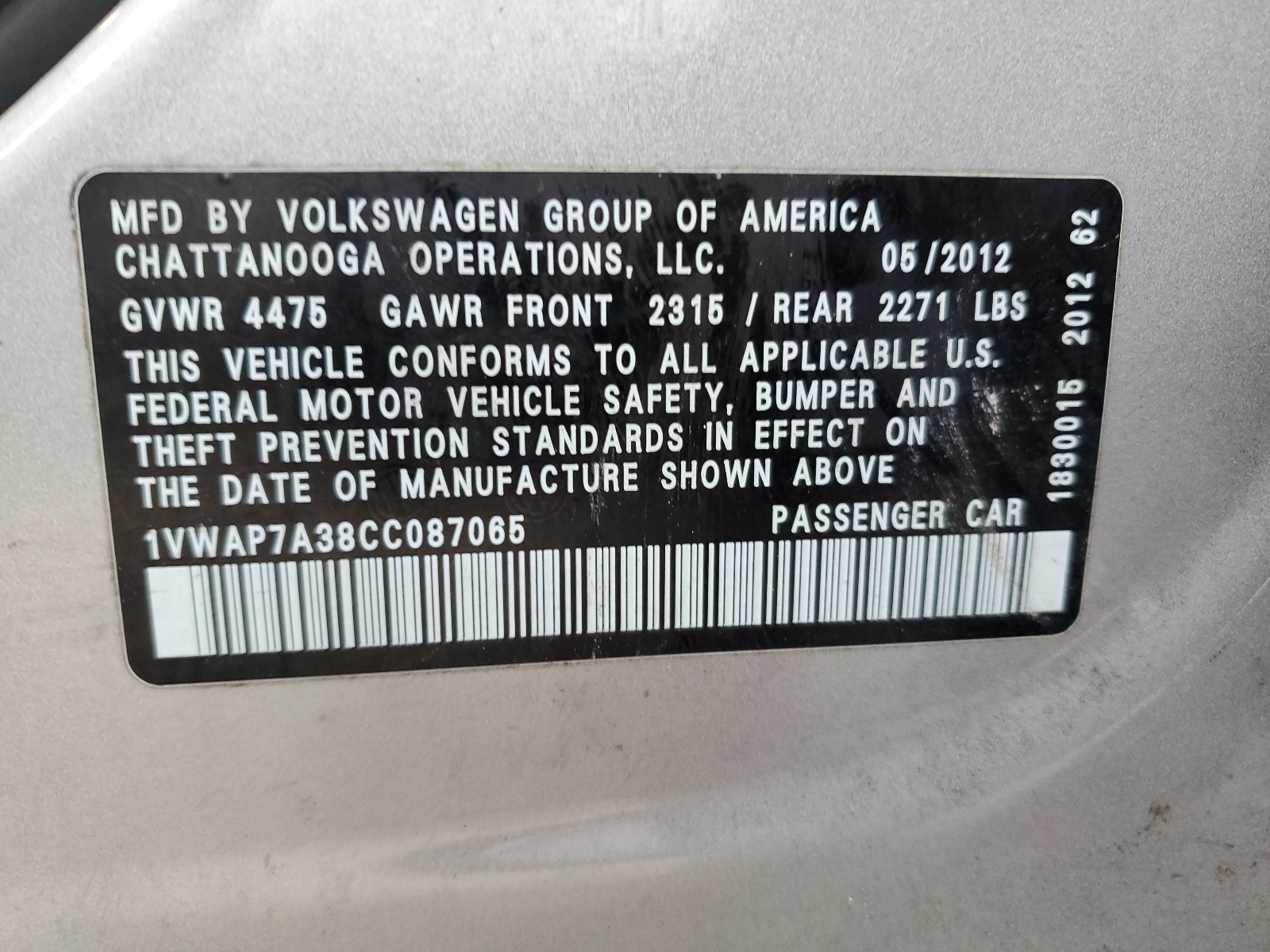 1VWAP7A38CC087065 2012 Volkswagen Passat S