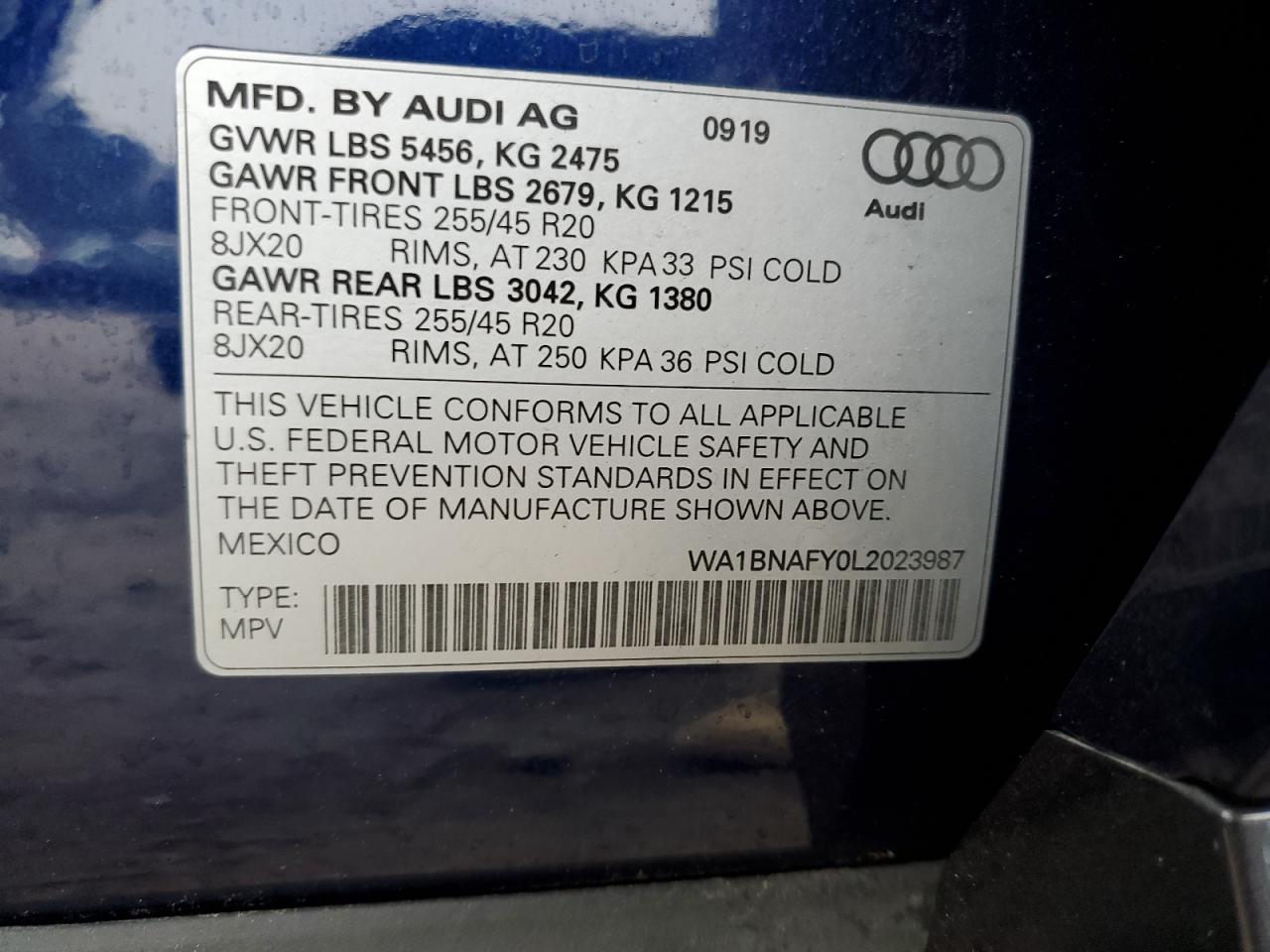 WA1BNAFY0L2023987 2020 Audi Q5 Premium Plus