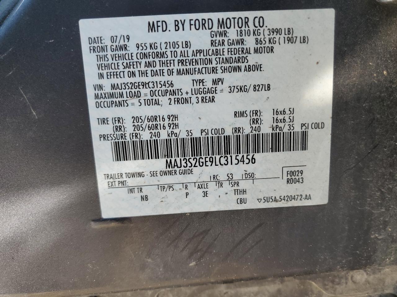 2020 Ford Ecosport Se VIN: MAJ3S2GE9LC315456 Lot: 40391144