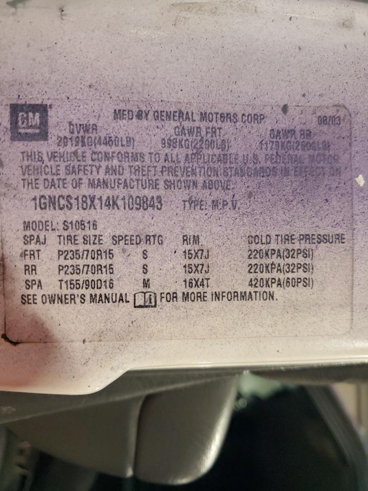 2004 Chevrolet Blazer VIN: 1GNCS18X14K109843 Lot: 61570445