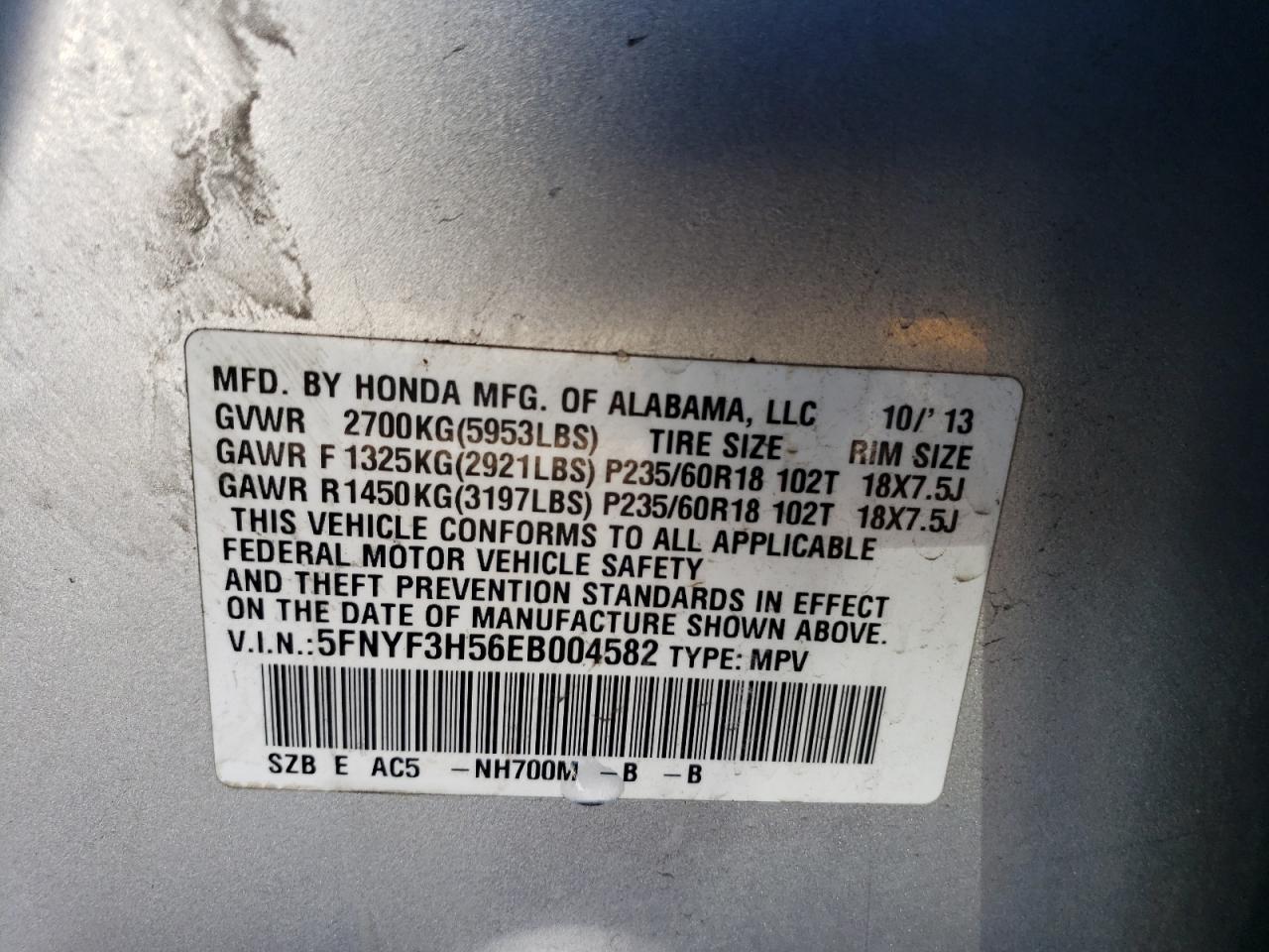 5FNYF3H56EB004582 2014 Honda Pilot Exl