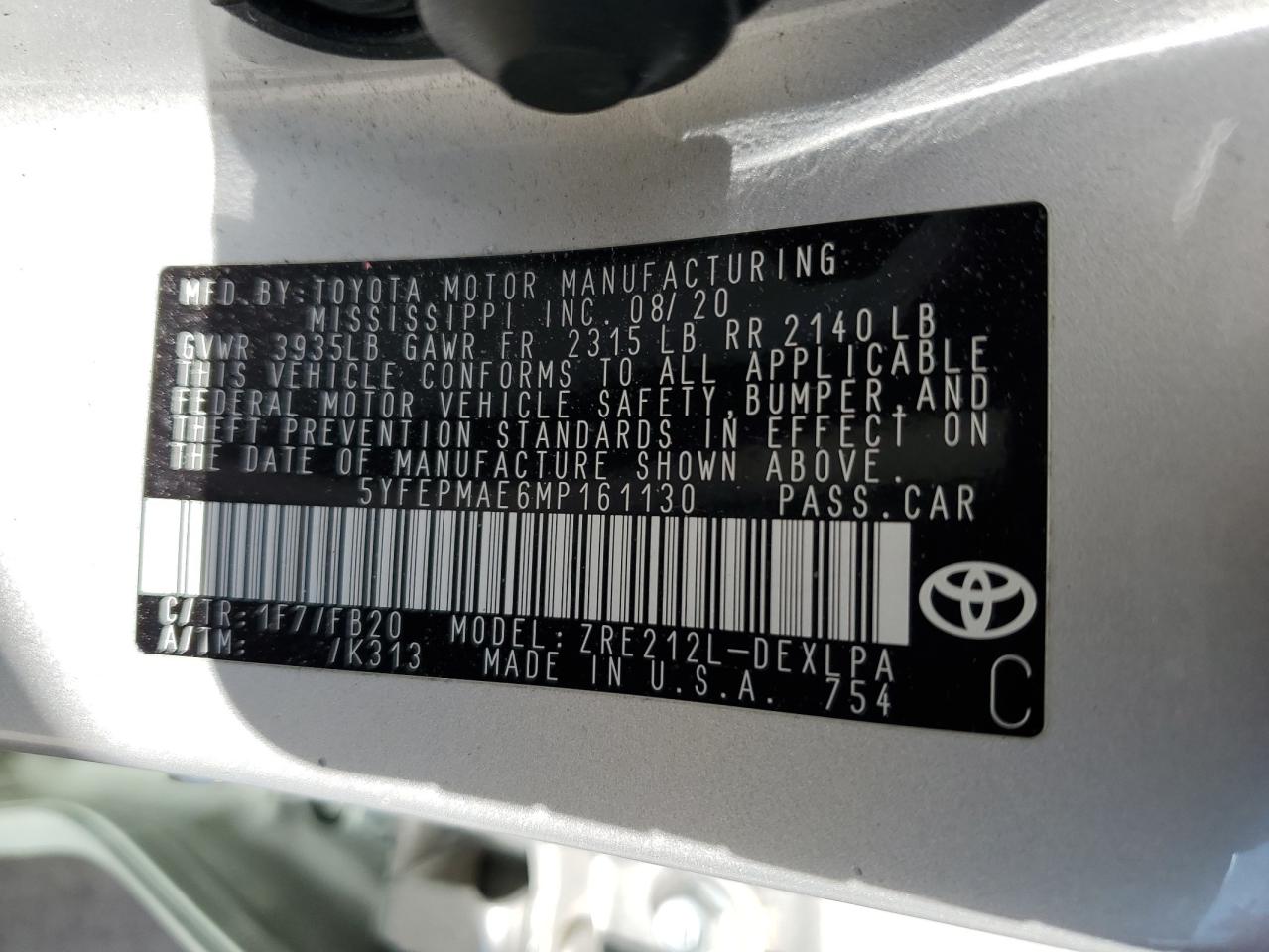 5YFEPMAE6MP161130 2021 Toyota Corolla Le