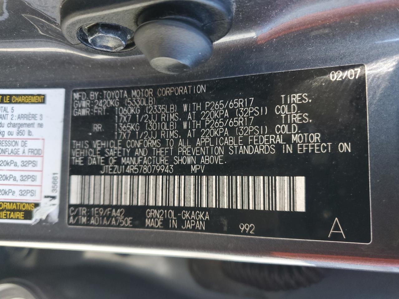 2007 Toyota 4Runner Sr5 VIN: JTEZU14R578079943 Lot: 43443434