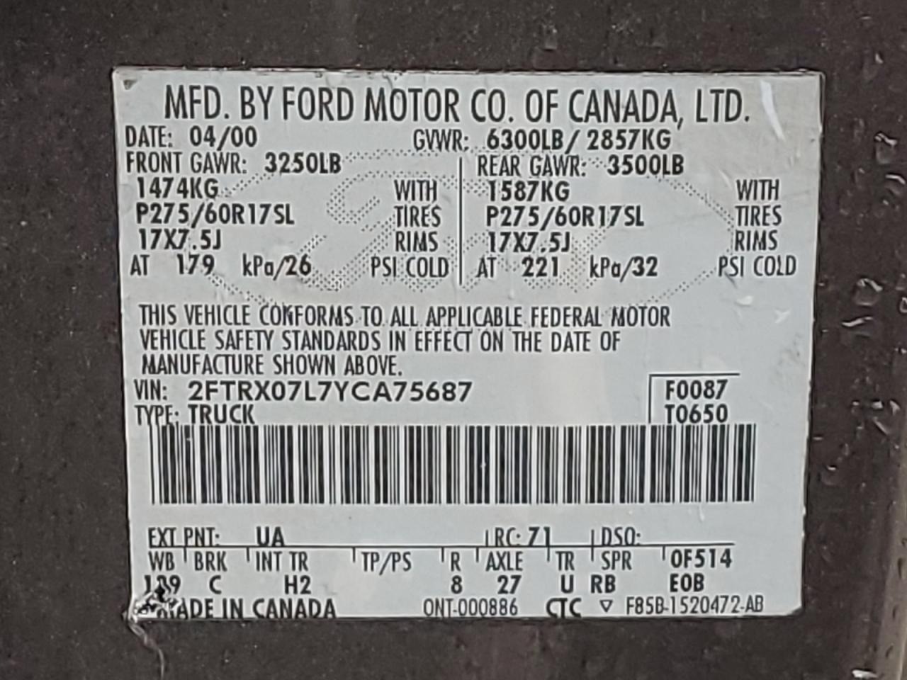 2FTRX07L7YCA75687 2000 Ford F150