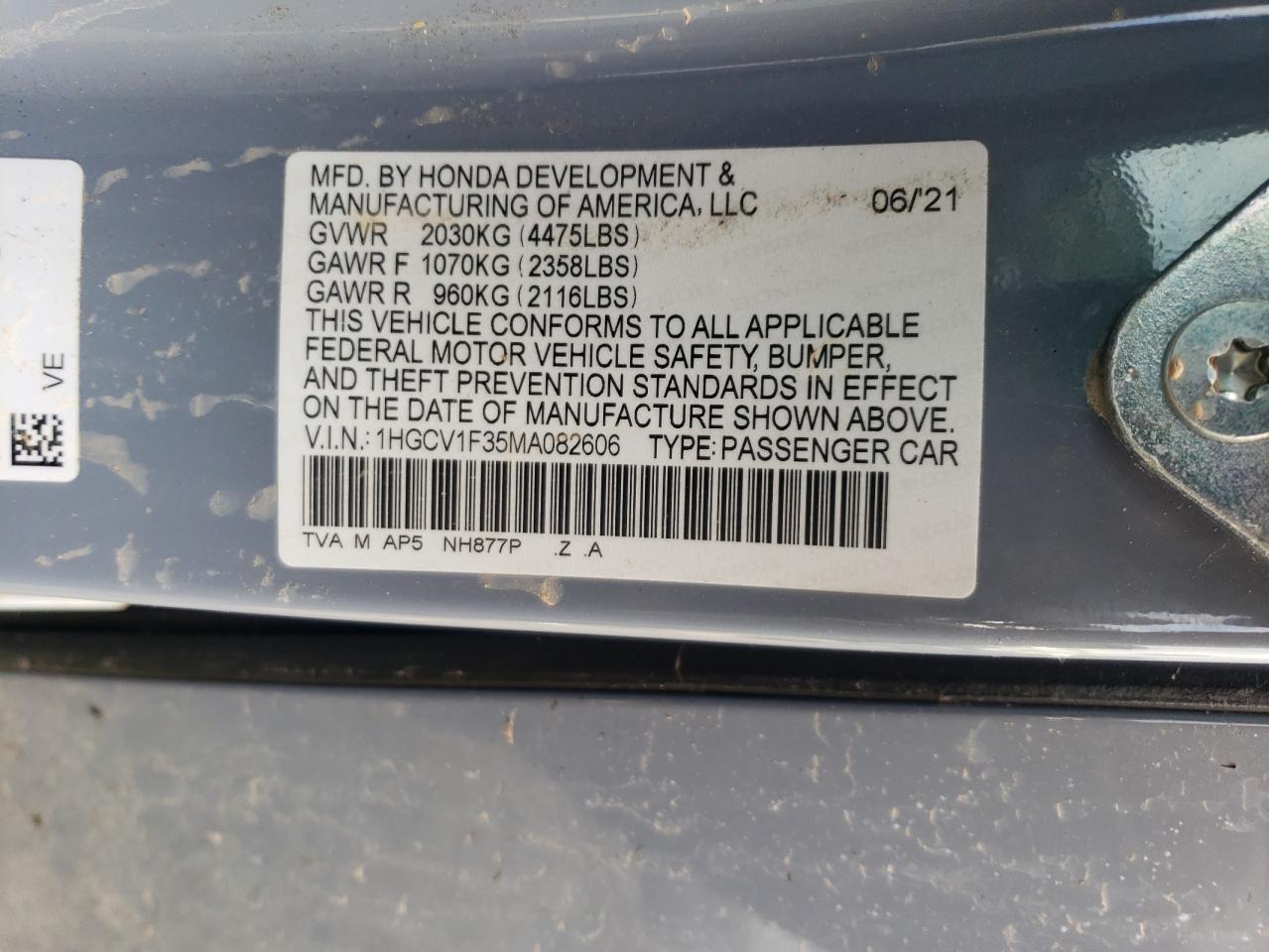 2021 Honda Accord Sport VIN: 1HGCV1F35MA082606 Lot: 39564384