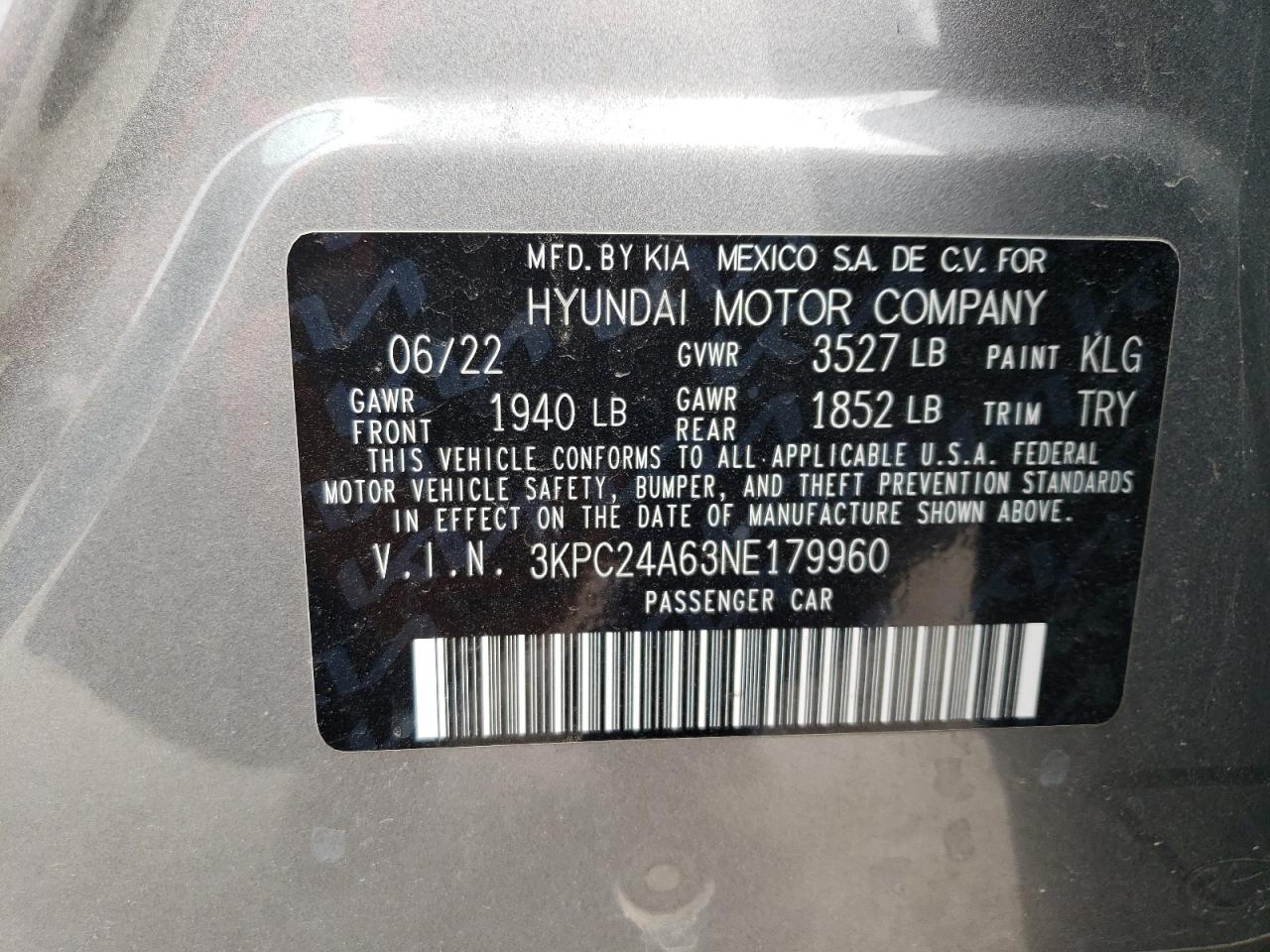 3KPC24A63NE179960 2022 Hyundai Accent Se