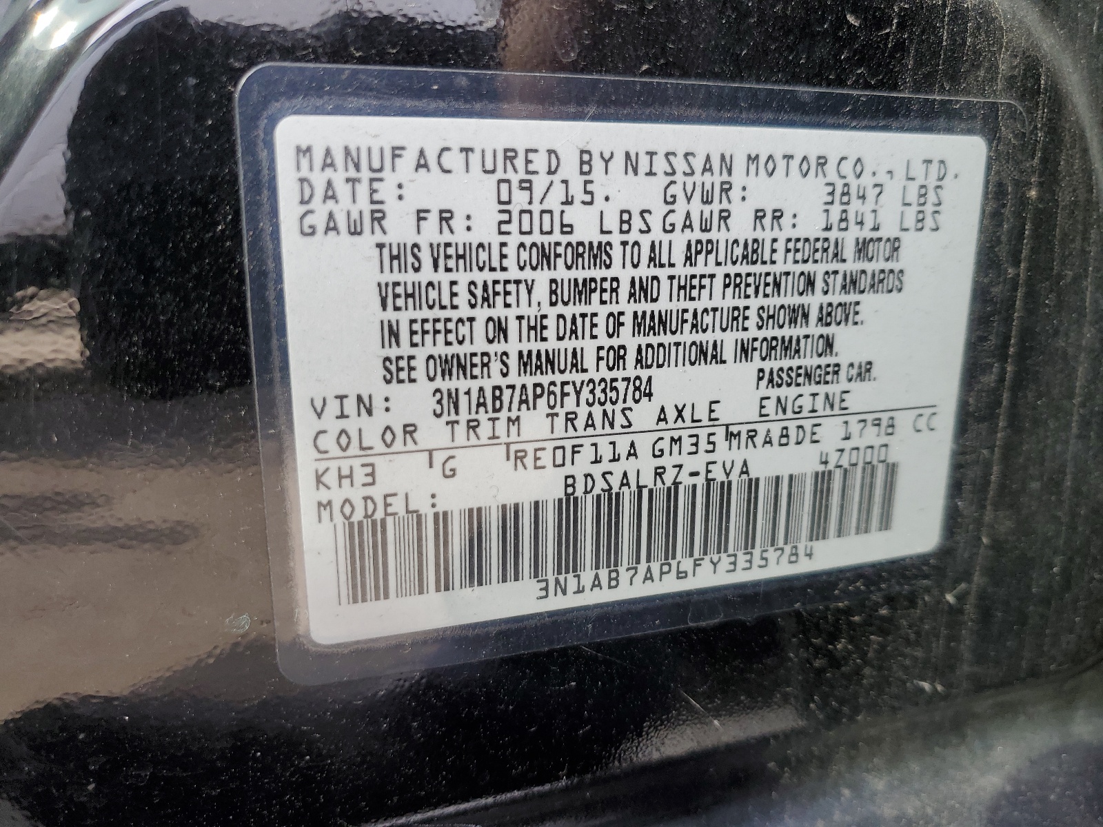 2015 Nissan Sentra S vin: 3N1AB7AP6FY335784