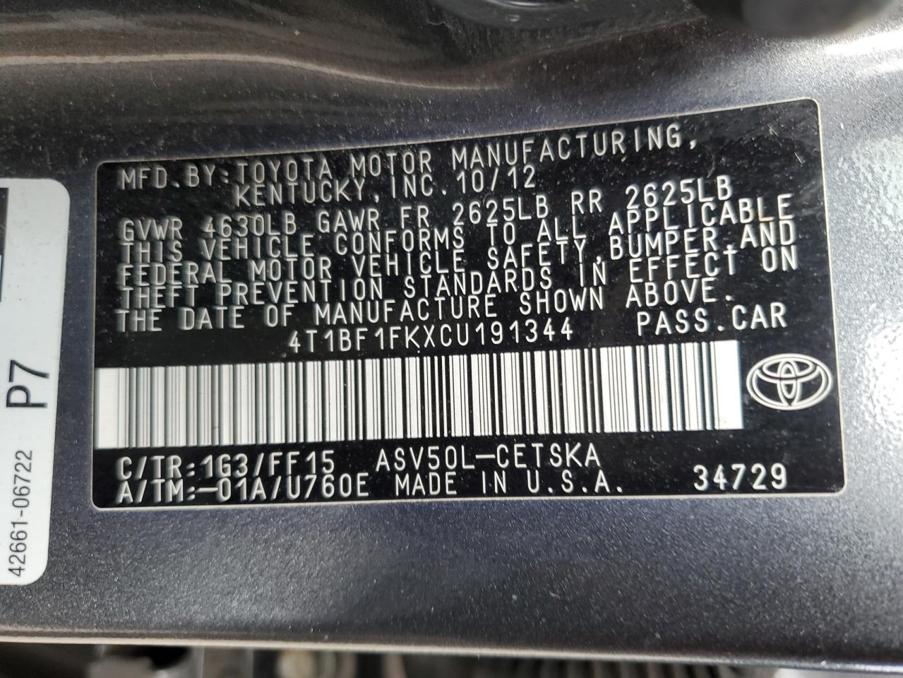 4T1BF1FKXCU191344 2012 Toyota Camry Base