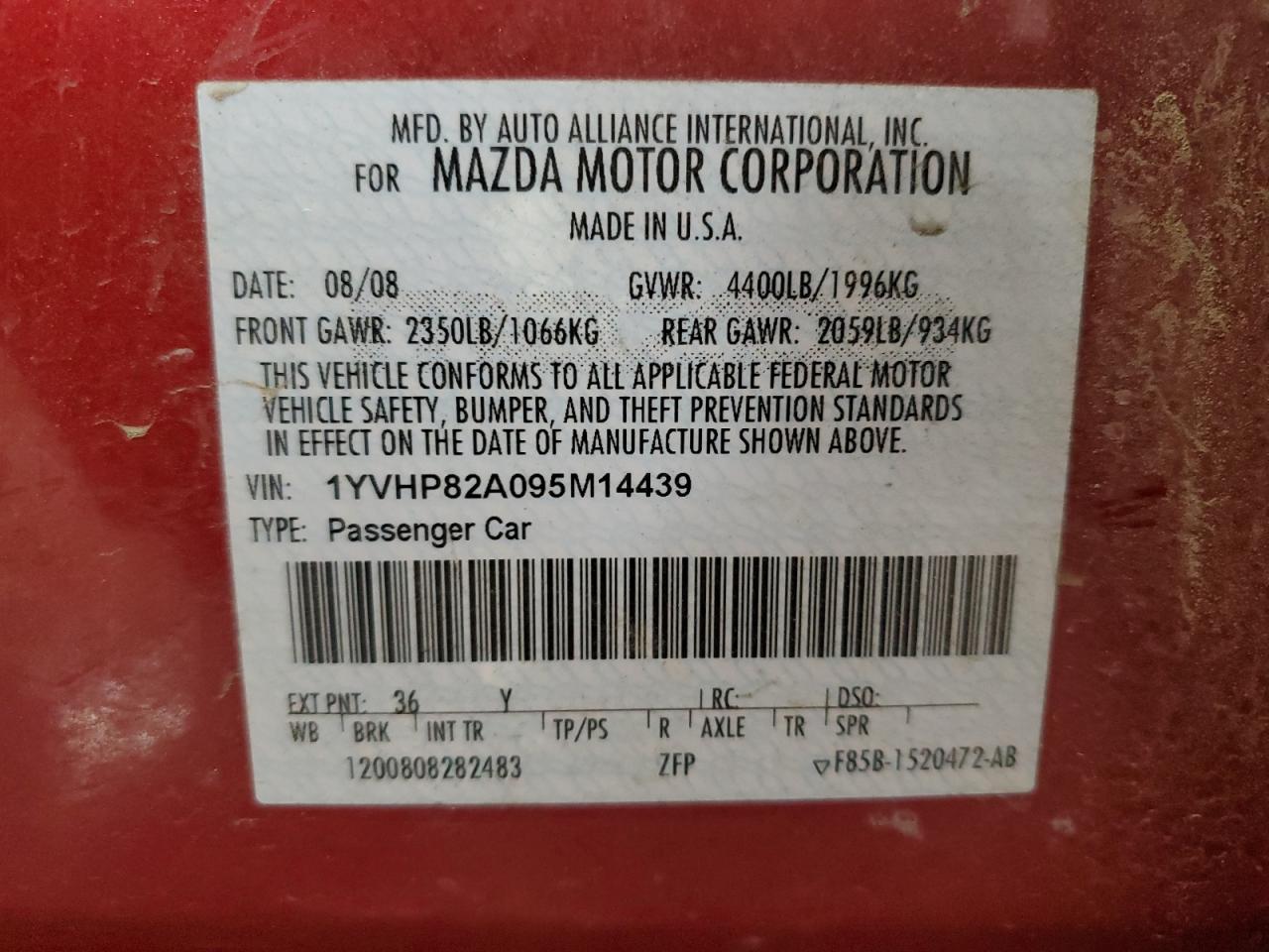 1YVHP82A095M14439 2009 Mazda 6 I