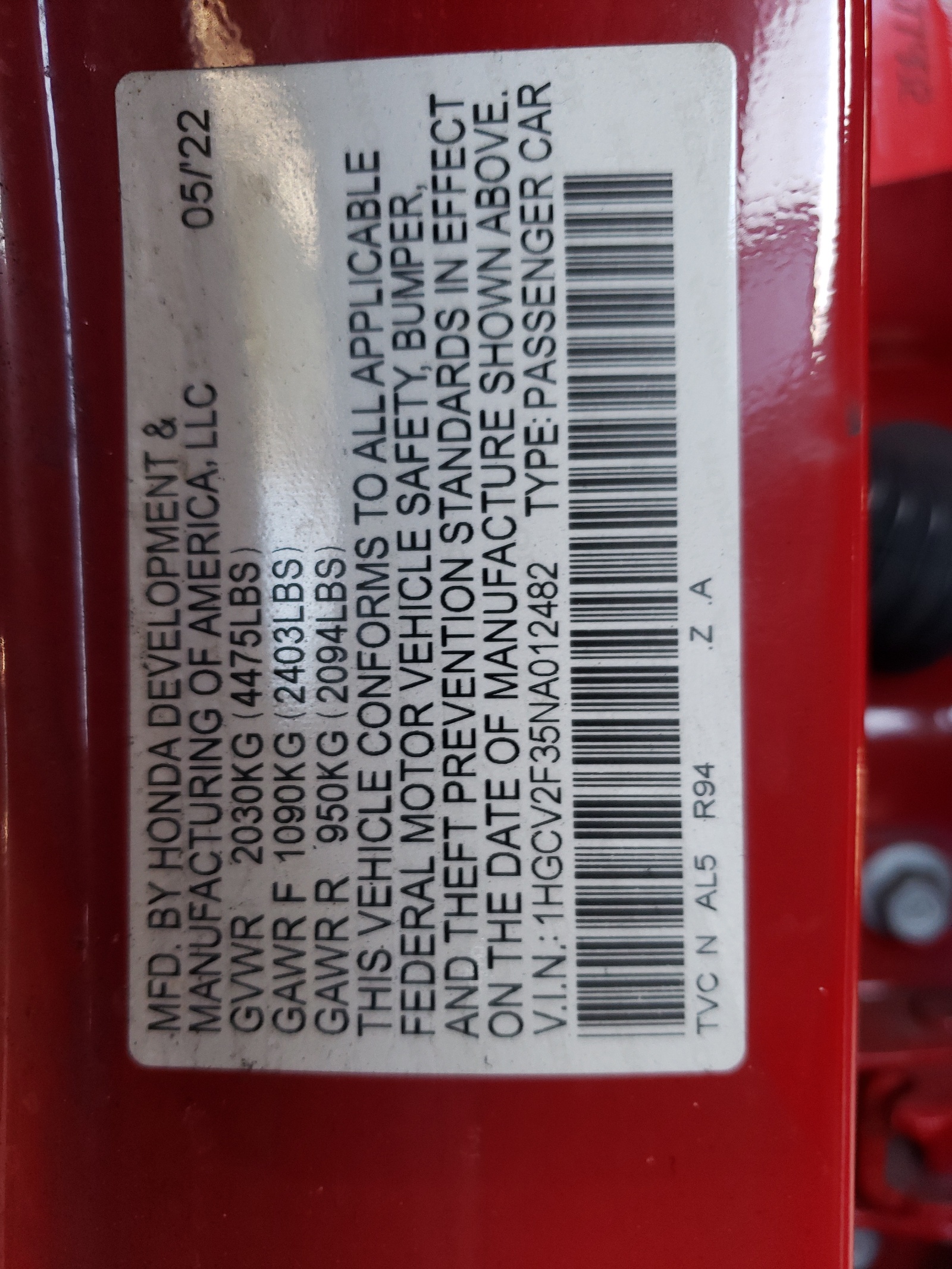 1HGCV2F35NA012482 2022 Honda Accord Sport