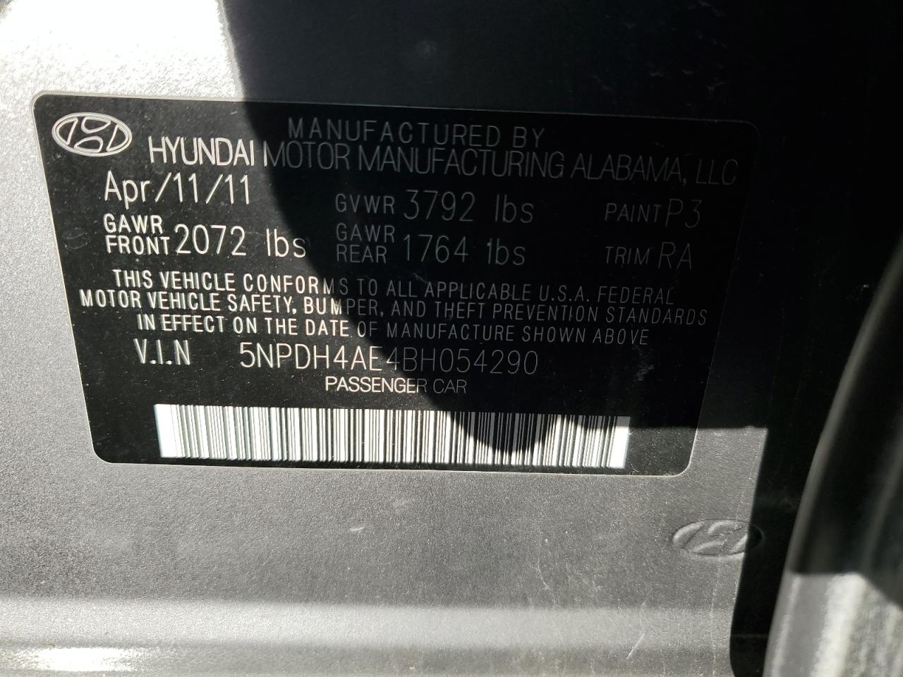 2011 Hyundai Elantra Gls VIN: 5NPDH4AE4BH054290 Lot: 43276694