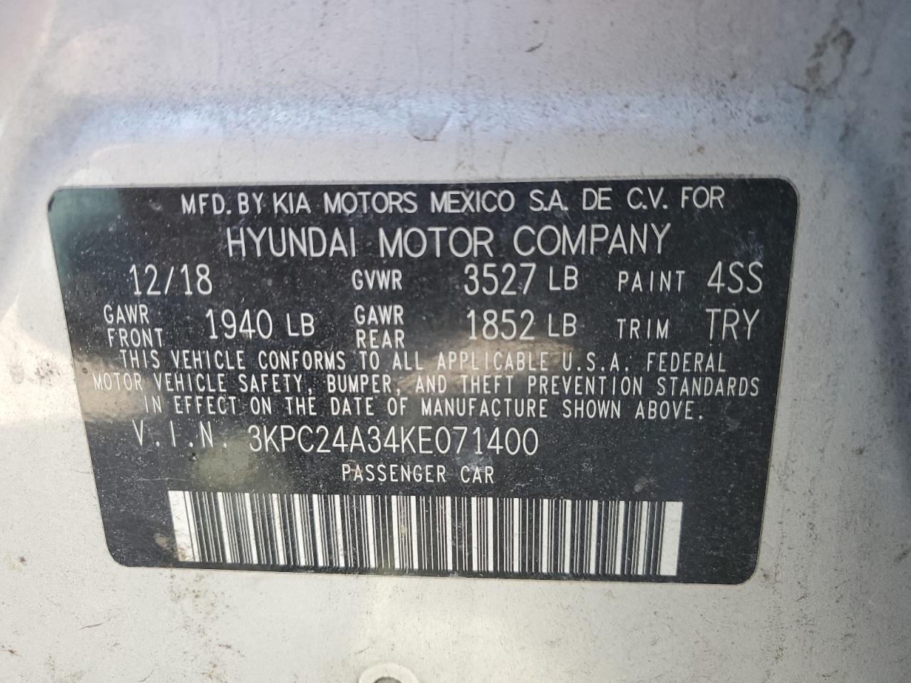 3KPC24A34KE071400 2019 Hyundai Accent Se