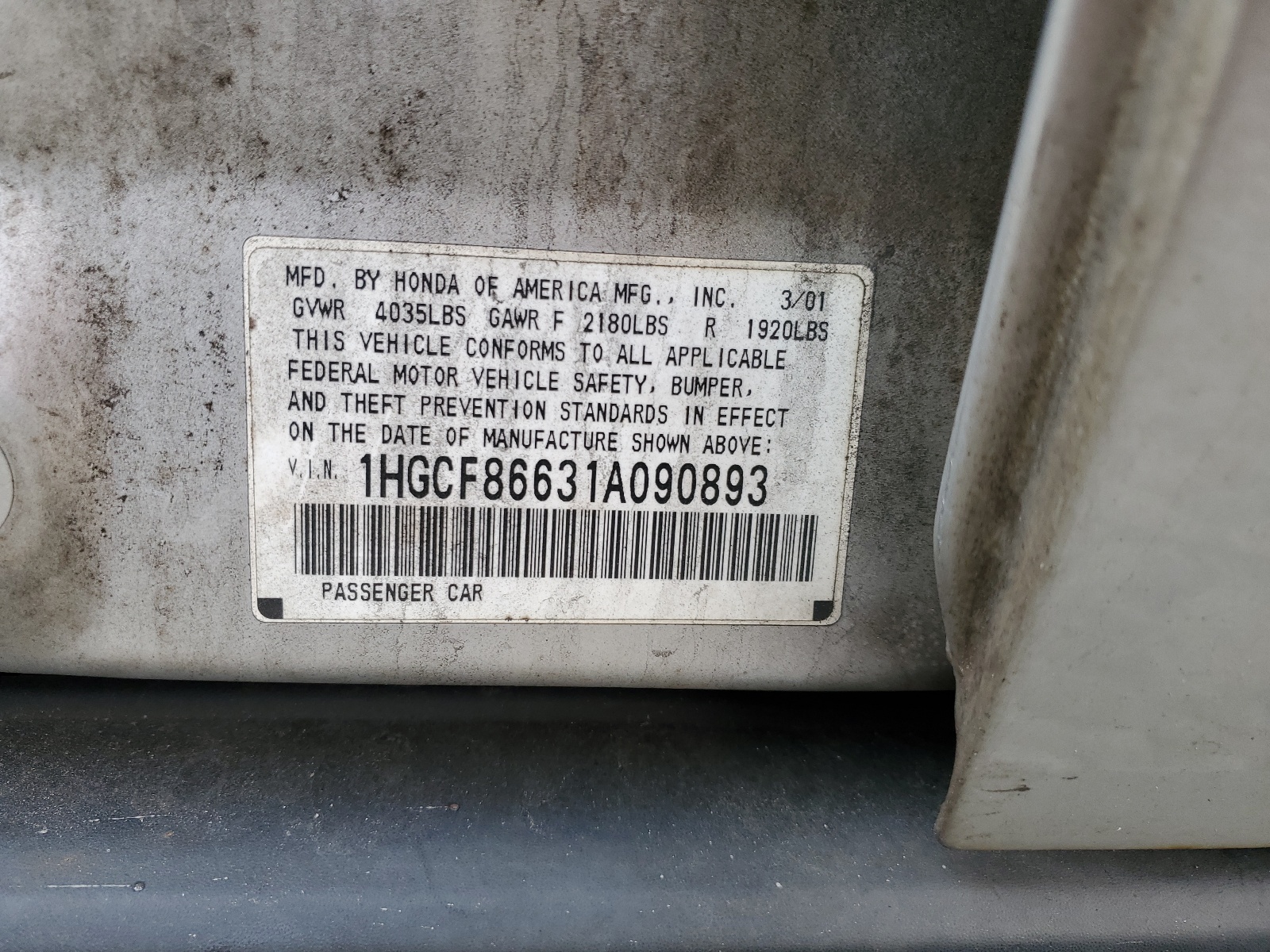 1HGCF86631A090893 2001 Honda Accord Value