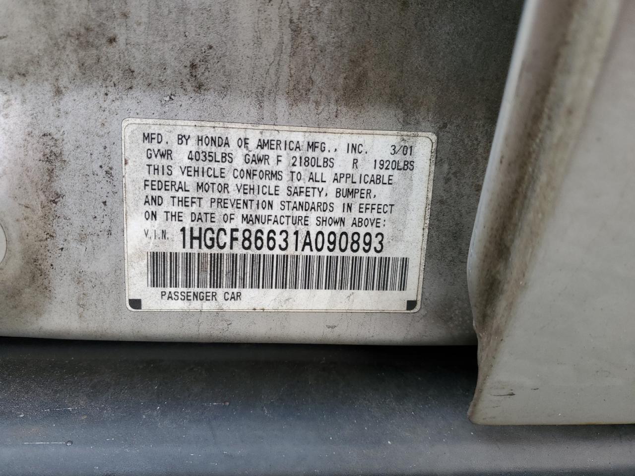 2001 Honda Accord Value VIN: 1HGCF86631A090893 Lot: 42380794