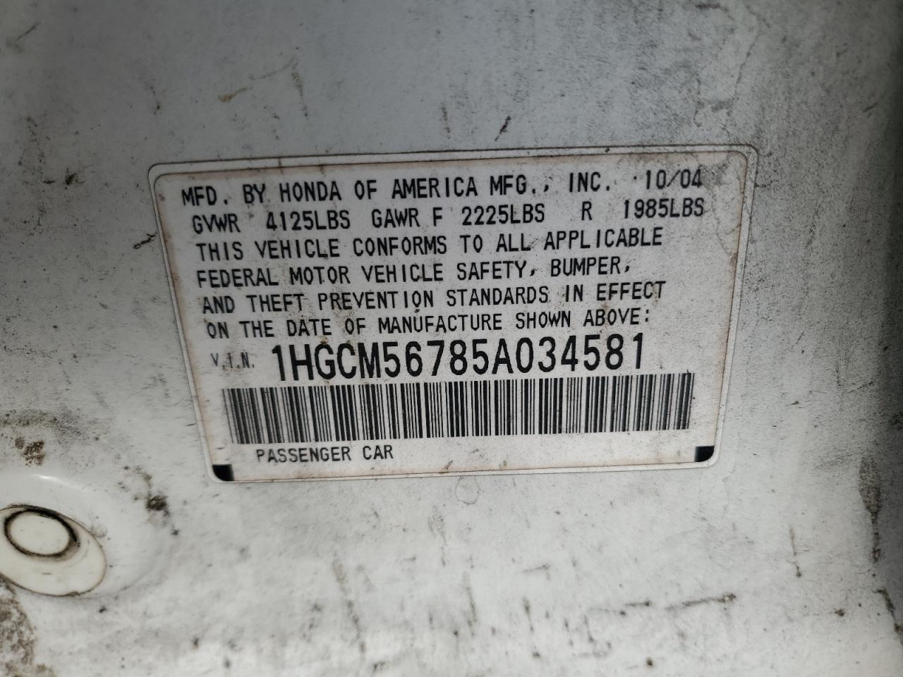 1HGCM56785A034581 2005 Honda Accord Ex