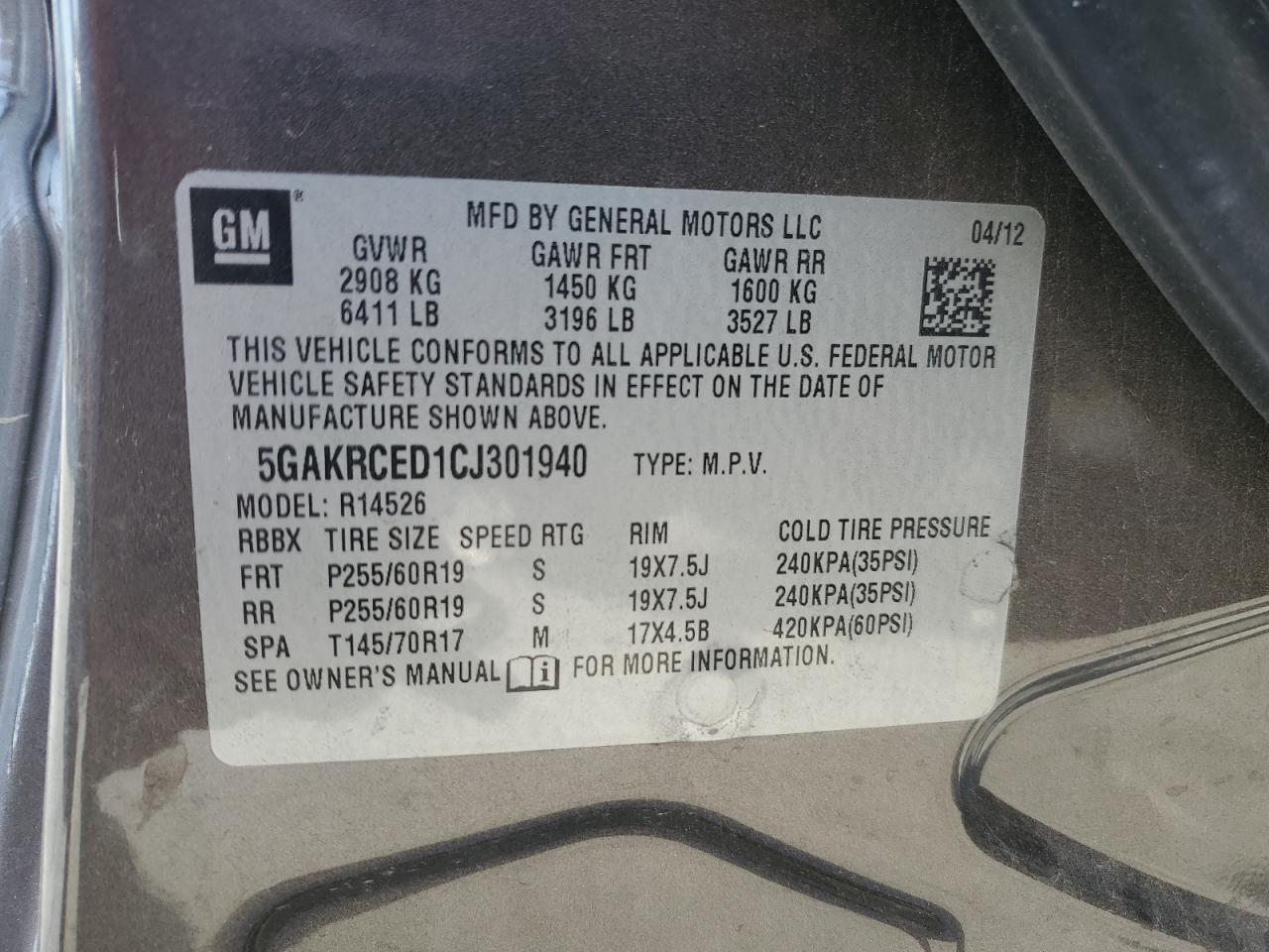 2012 Buick Enclave VIN: 5GAKRCED1CJ301940 Lot: 57696774