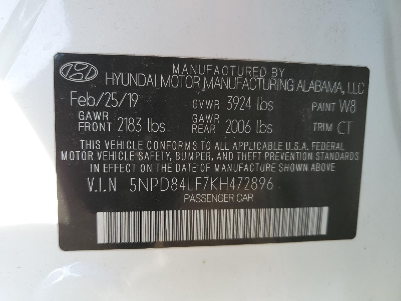 5NPD84LF7KH472896 2019 Hyundai Elantra Sel