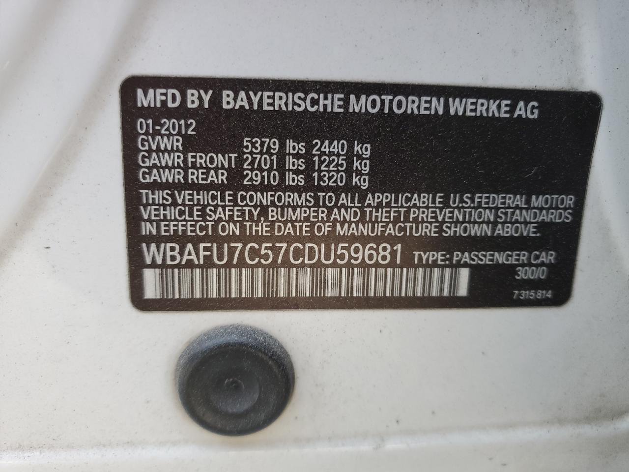 2012 BMW 535 Xi VIN: WBAFU7C57CDU59681 Lot: 42491544