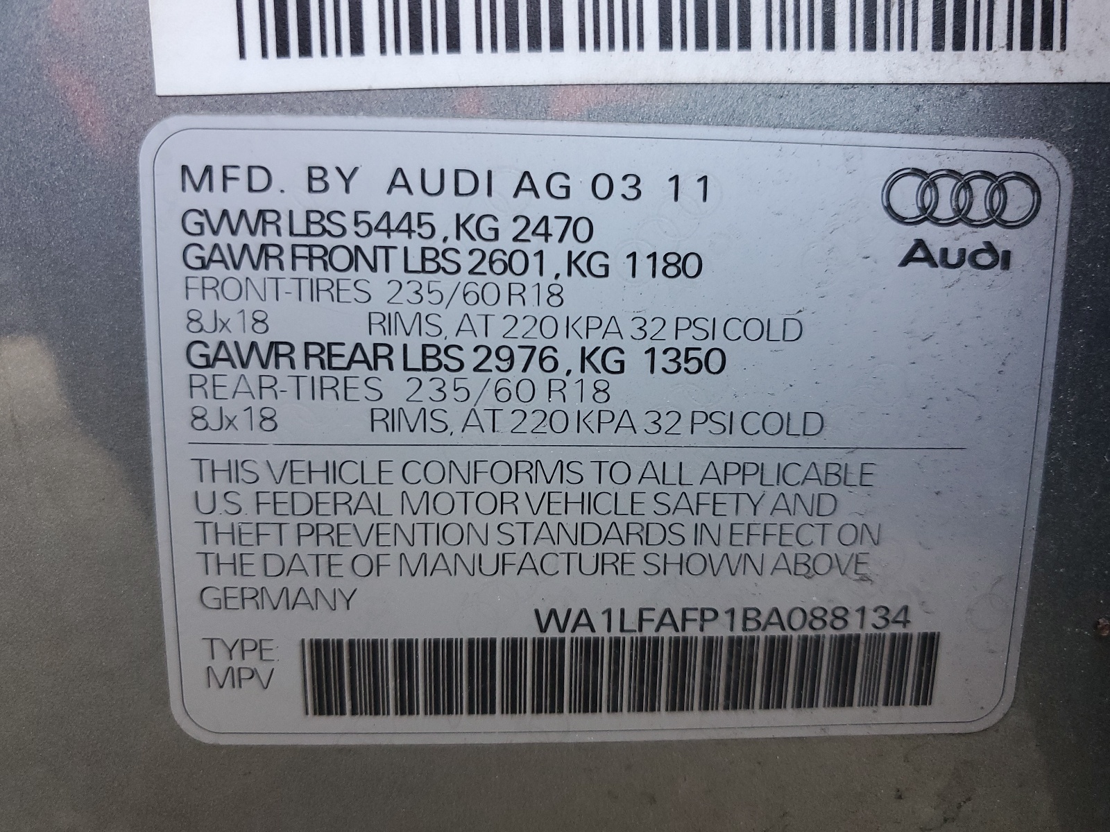 WA1LFAFP1BA088134 2011 Audi Q5 Premium Plus