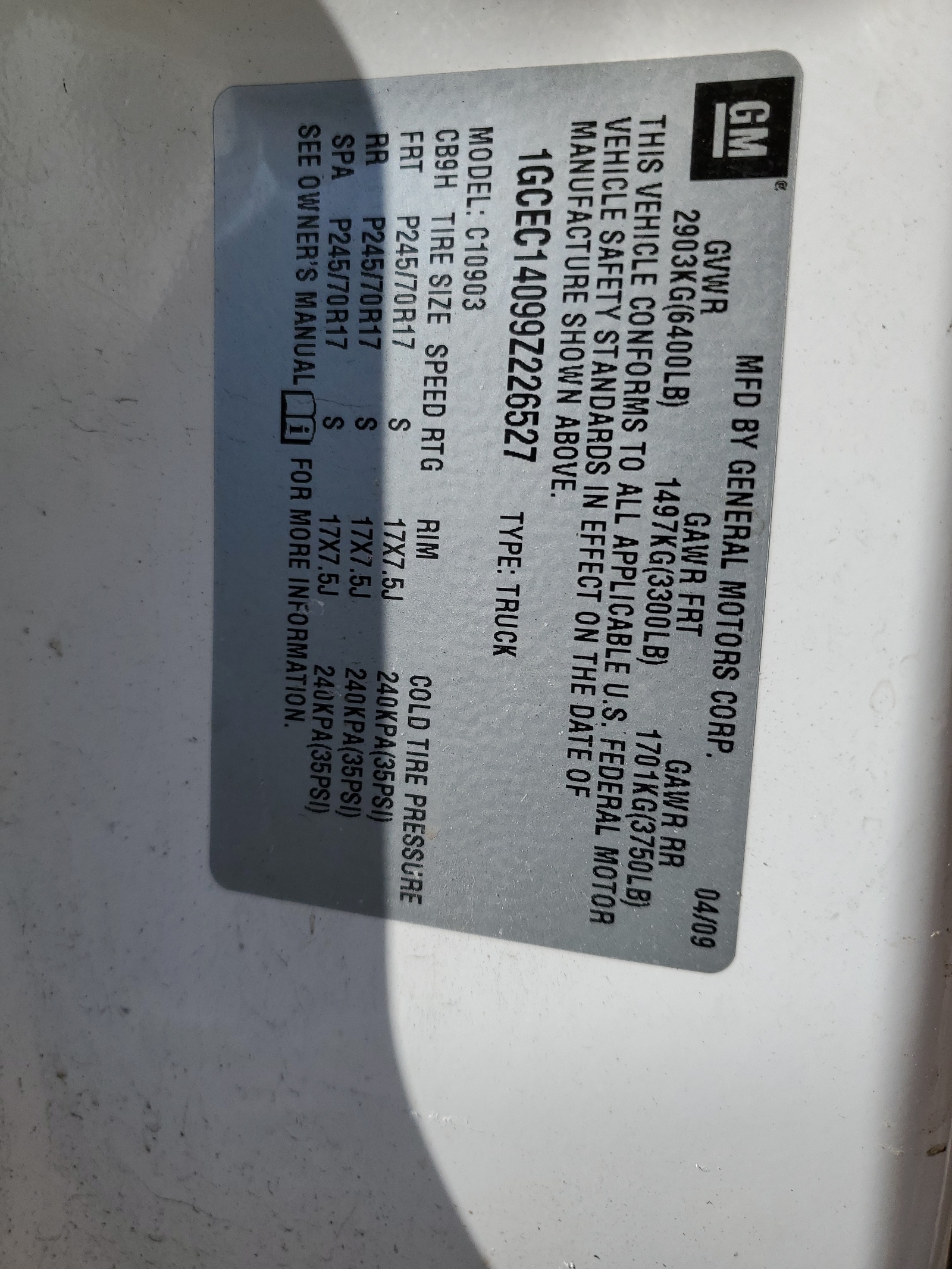 1GCEC14099Z226527 2009 Chevrolet Silverado C1500