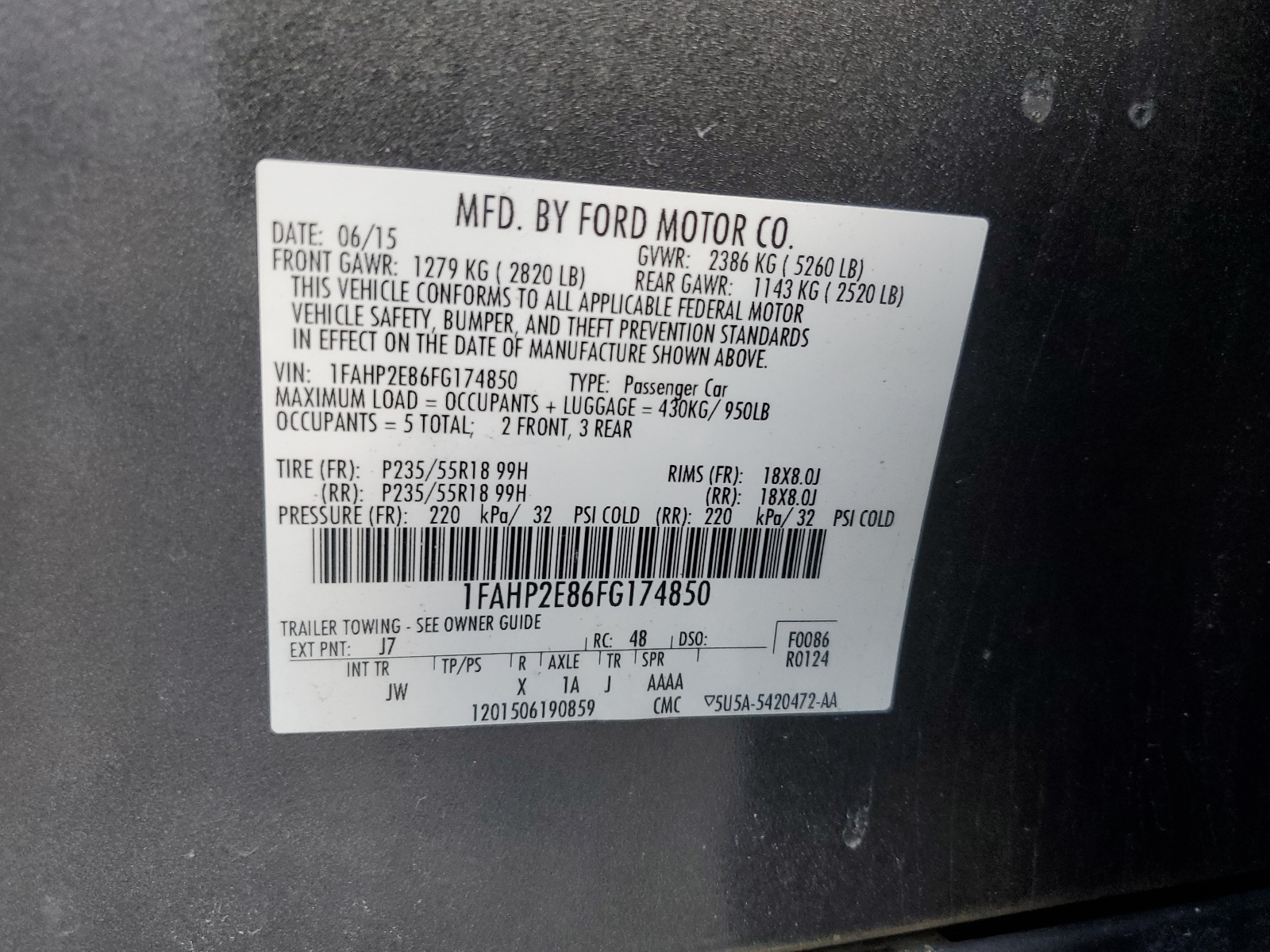1FAHP2E86FG174850 2015 Ford Taurus Sel