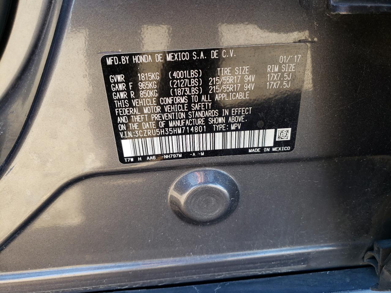 2017 Honda Hr-V Lx VIN: 3CZRU5H35HM714801 Lot: 42518044