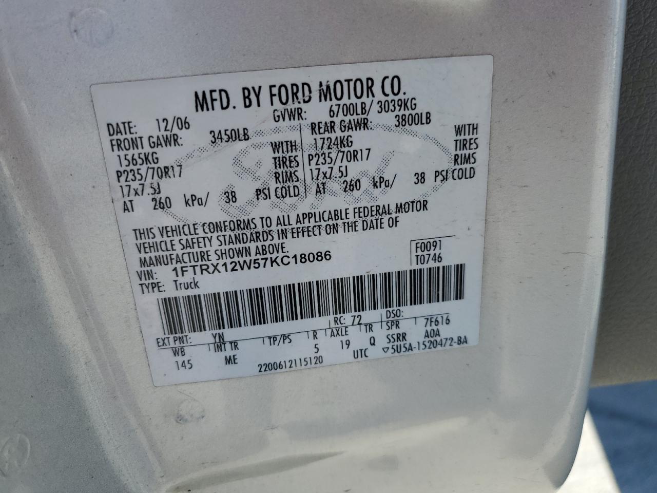 1FTRX12W57KC18086 2007 Ford F150