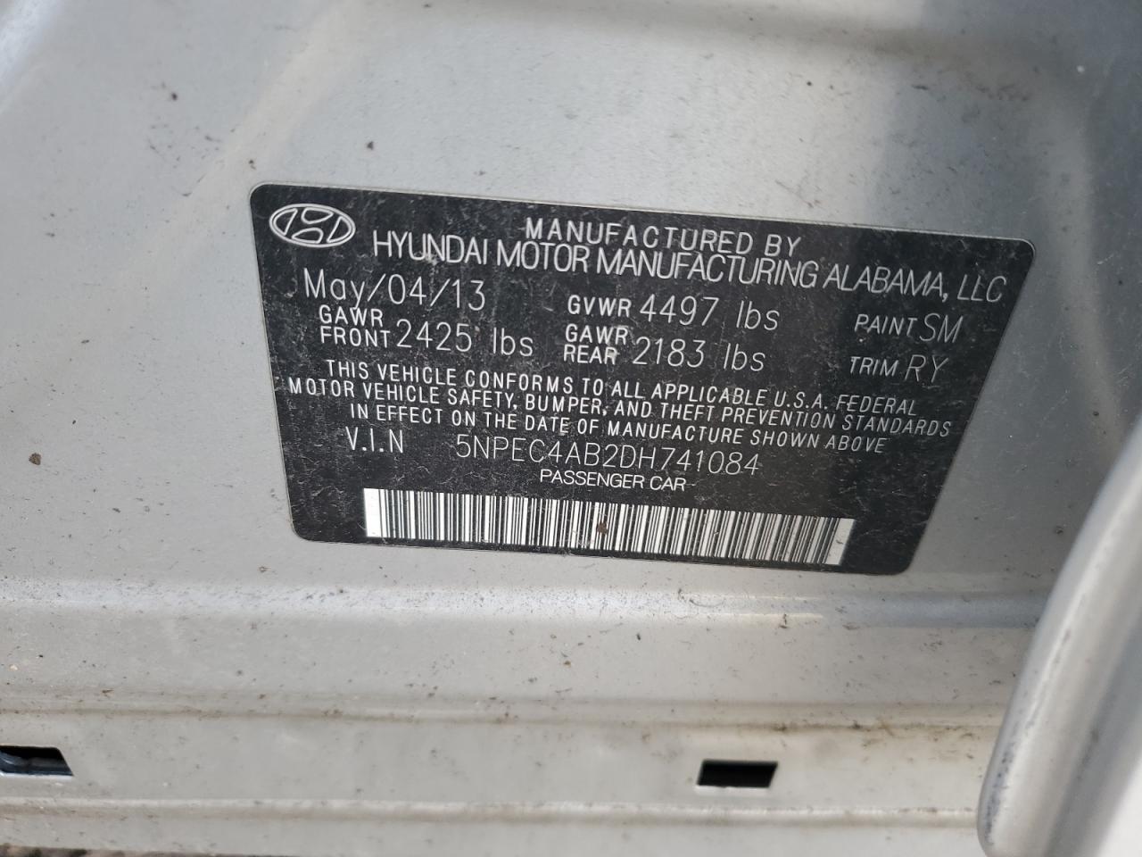 2013 Hyundai Sonata Se VIN: 5NPEC4AB2DH741084 Lot: 44891614