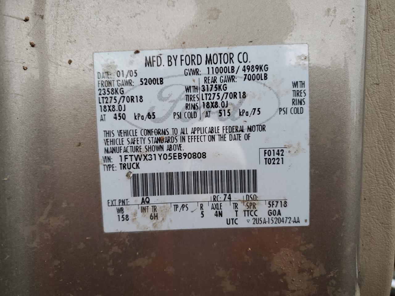 1FTWX31Y05EB90808 2005 Ford F350 Srw Super Duty