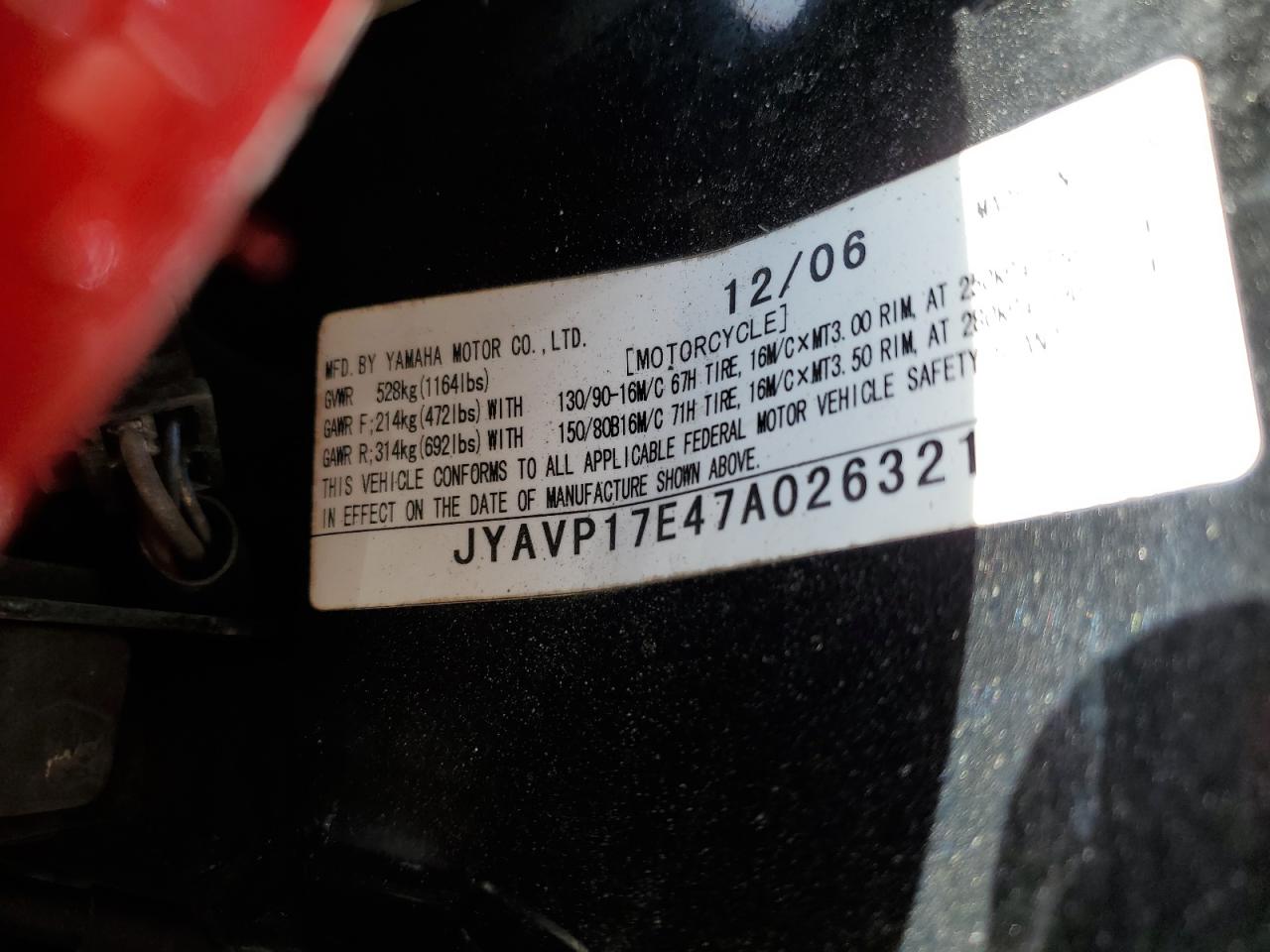 2007 Yamaha Xv1700 A VIN: JYAVP17E47A026321 Lot: 71586744