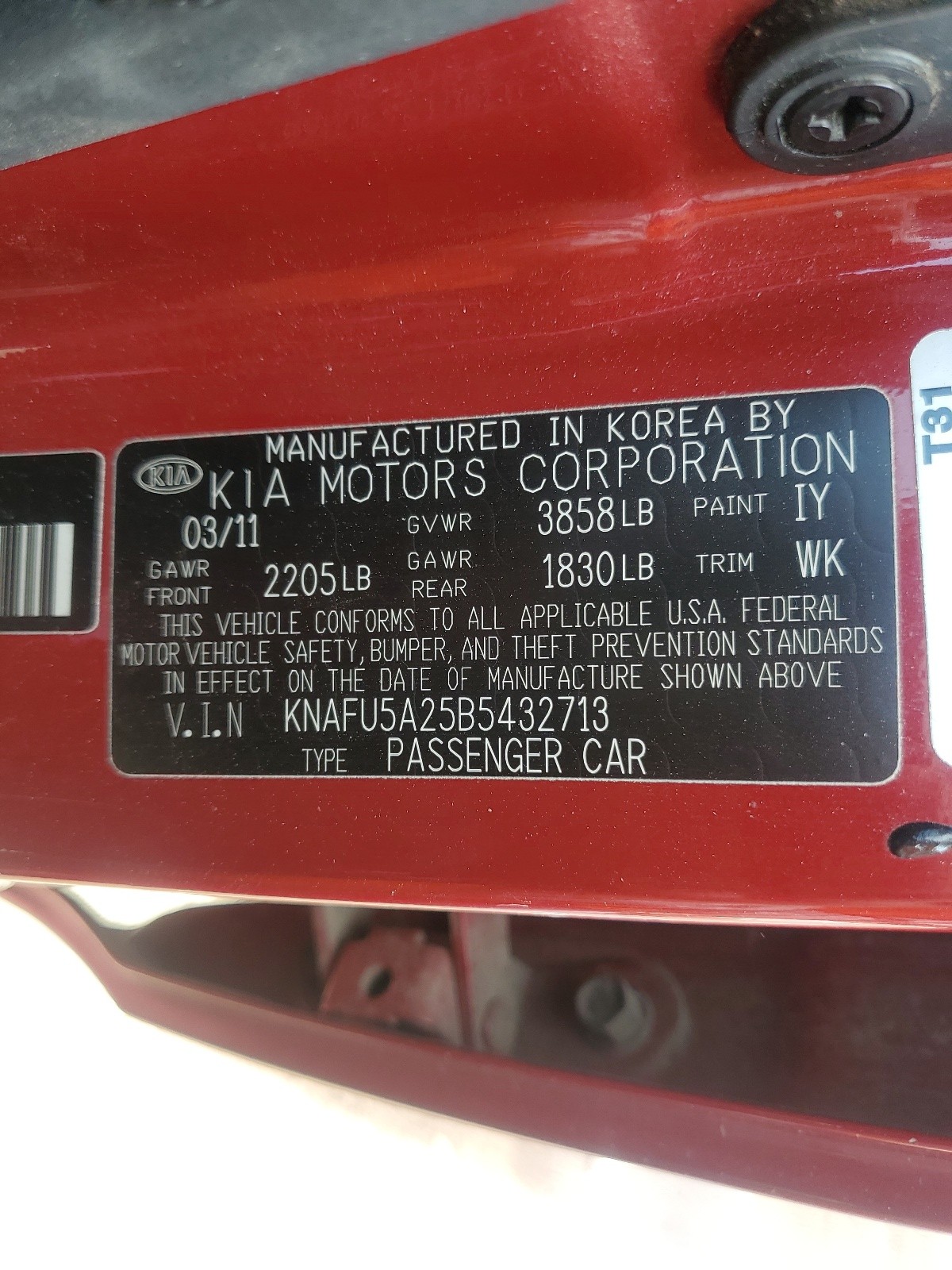 KNAFU5A25B5432713 2011 Kia Forte Ex