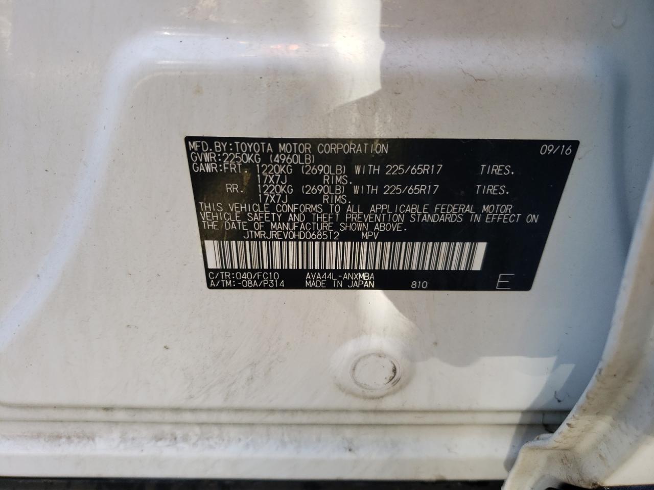 2017 Toyota Rav4 Hv Le VIN: JTMRJREV0HD068512 Lot: 43951004