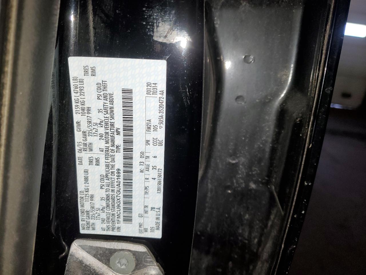 2016 Ford Escape Se VIN: 1FMCU9GX7GUA01699 Lot: 43366144