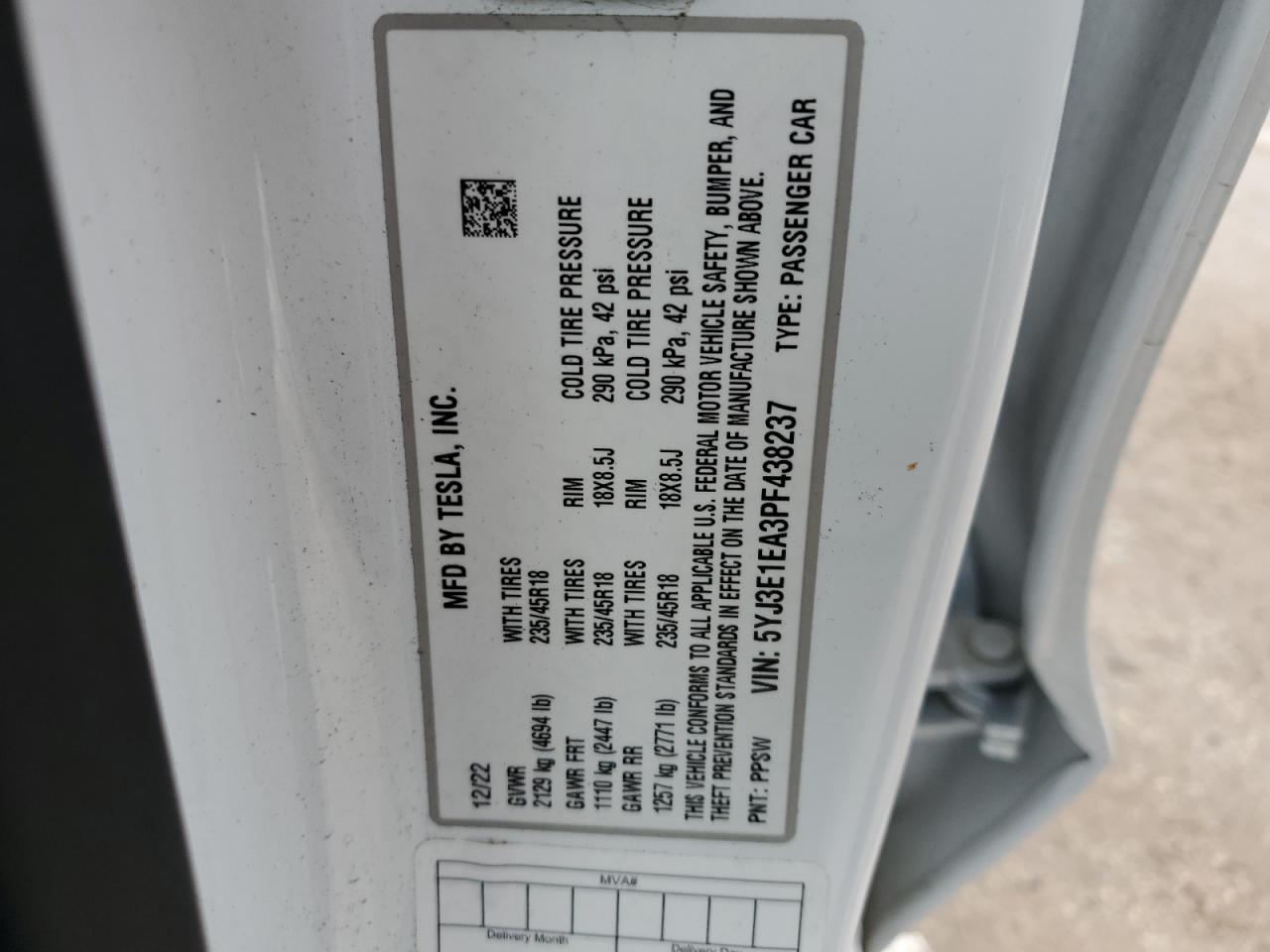 5YJ3E1EA3PF438237 2023 Tesla Model 3