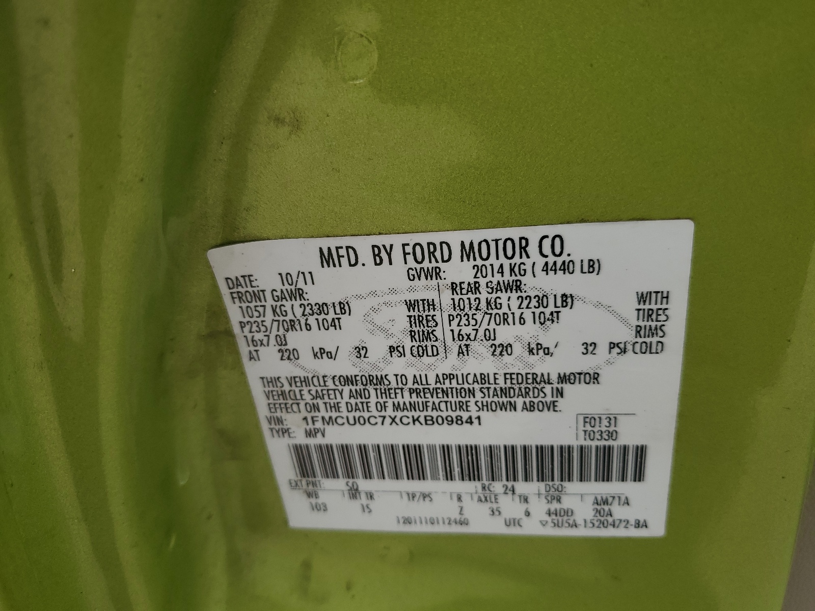 1FMCU0C7XCKB09841 2012 Ford Escape Xls