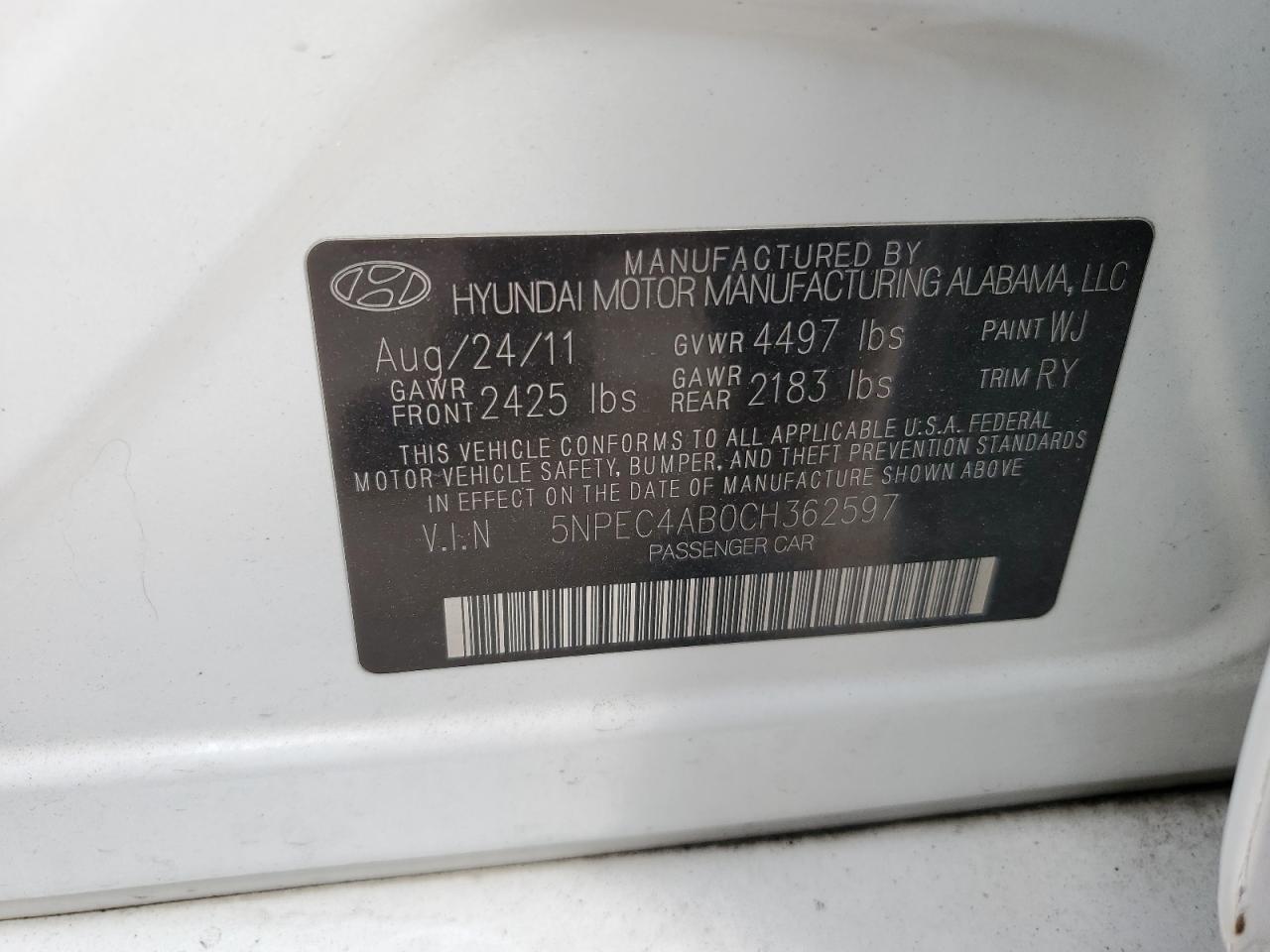 2012 Hyundai Sonata Se VIN: 5NPEC4AB0CH362597 Lot: 43797914